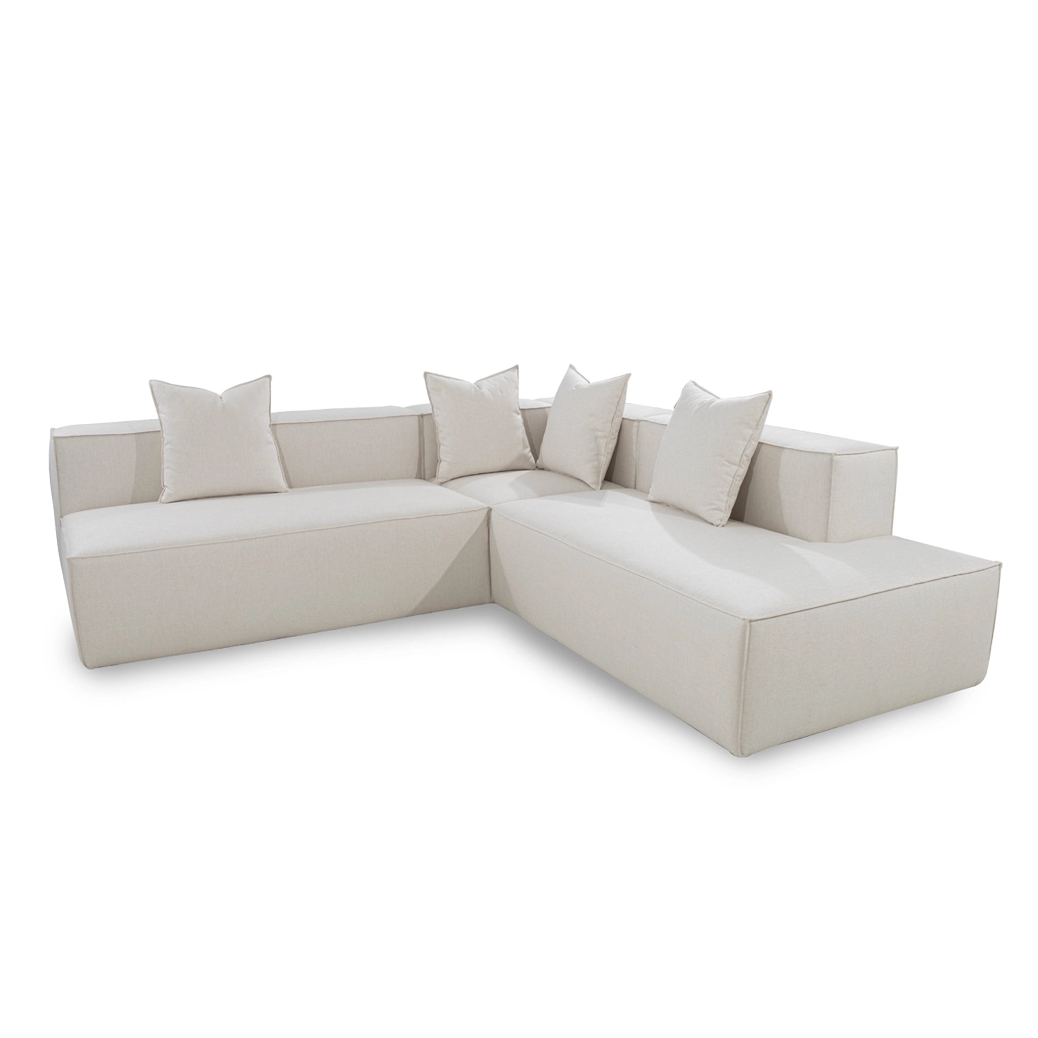 Beige sectional sofa with cushions on a white background