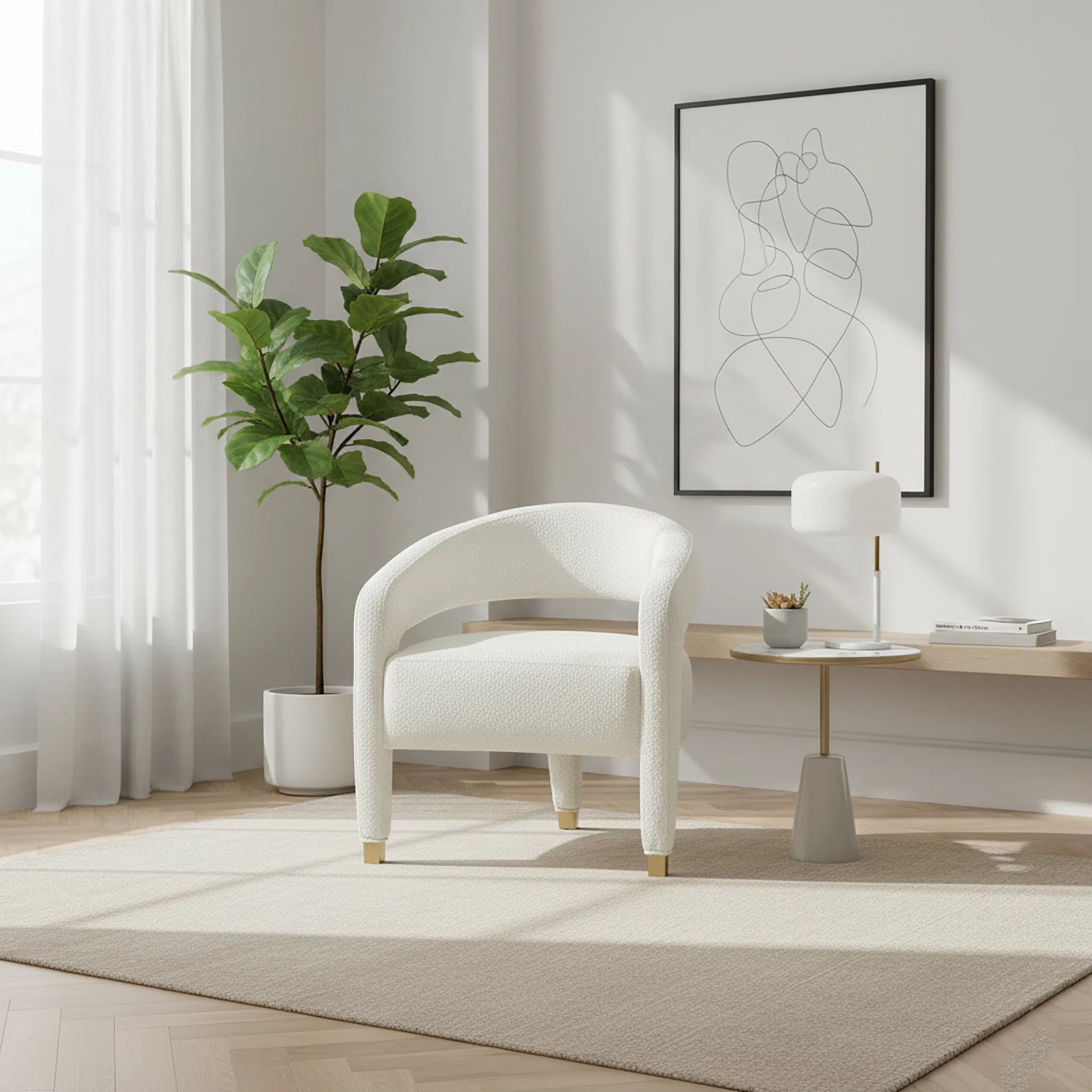 Modern living room with a white armchair, plant, and abstract art on the wall.