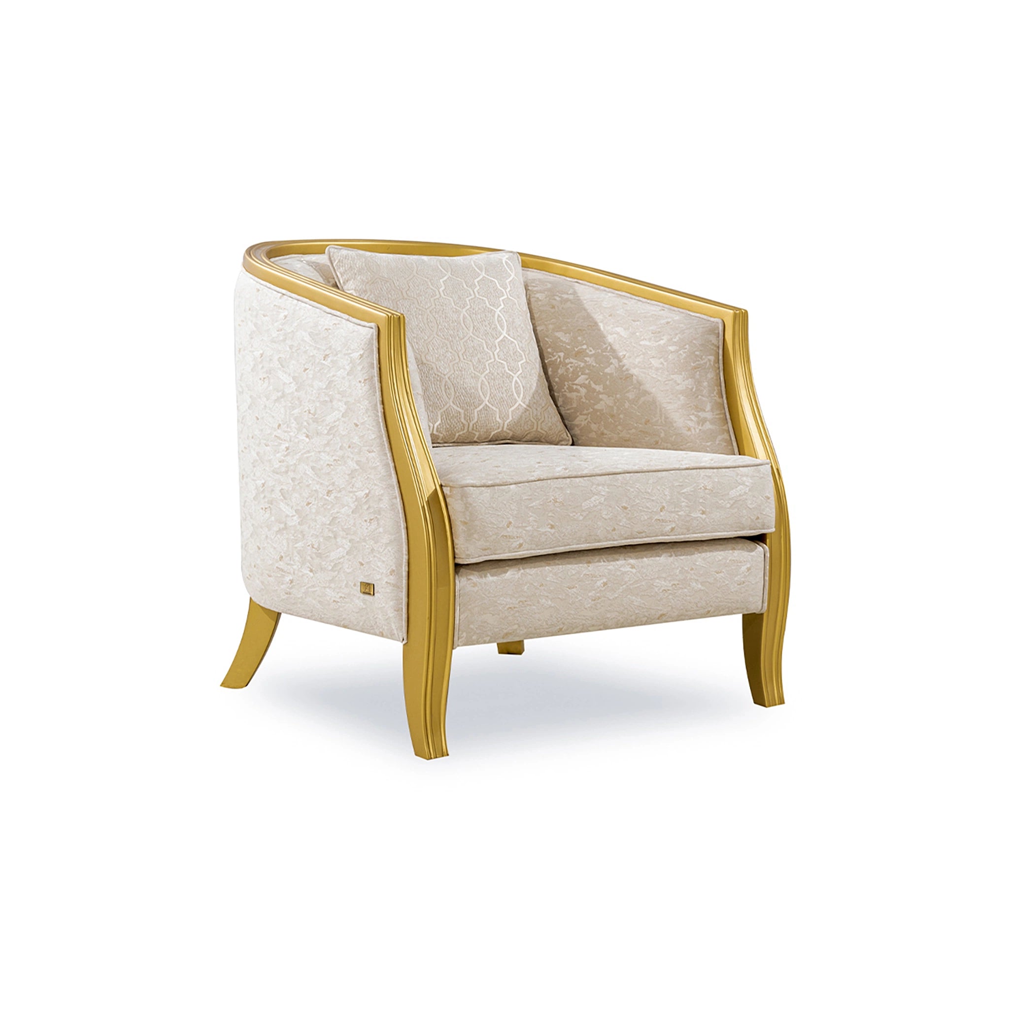 Beige armchair with gold frame on a white background