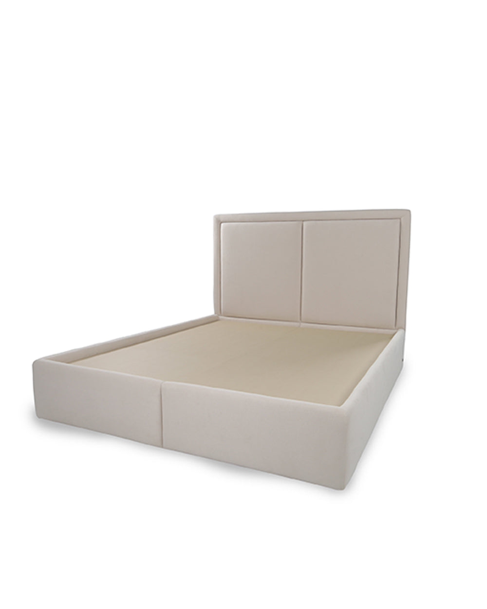 Beige upholstered bed frame on a white background