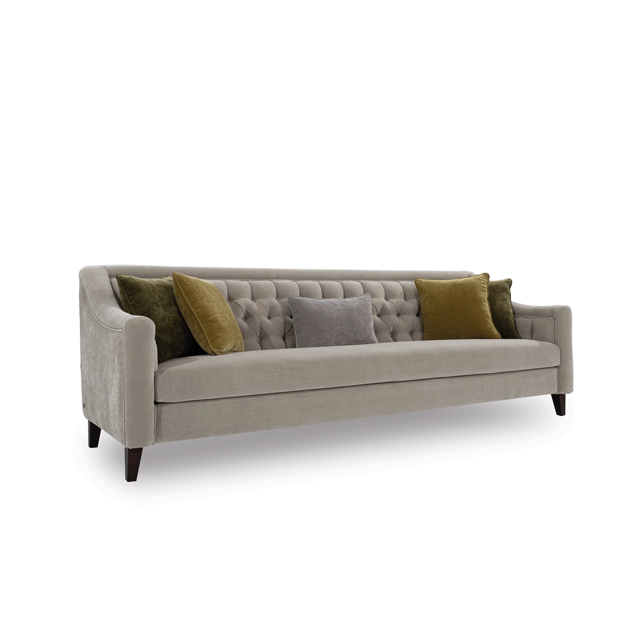 Beige sofa with decorative pillows on a white background