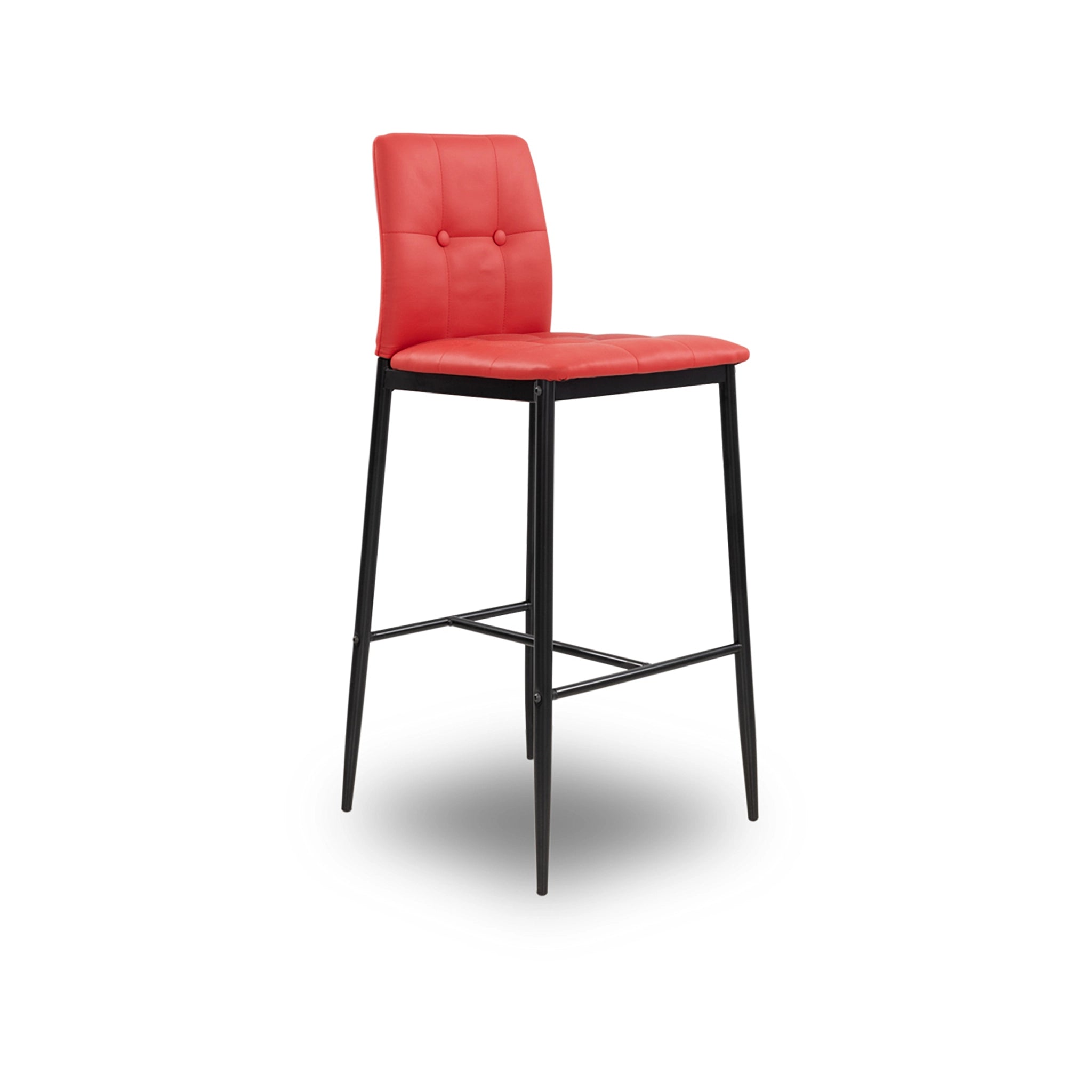 Red bar stool with black legs on a white background