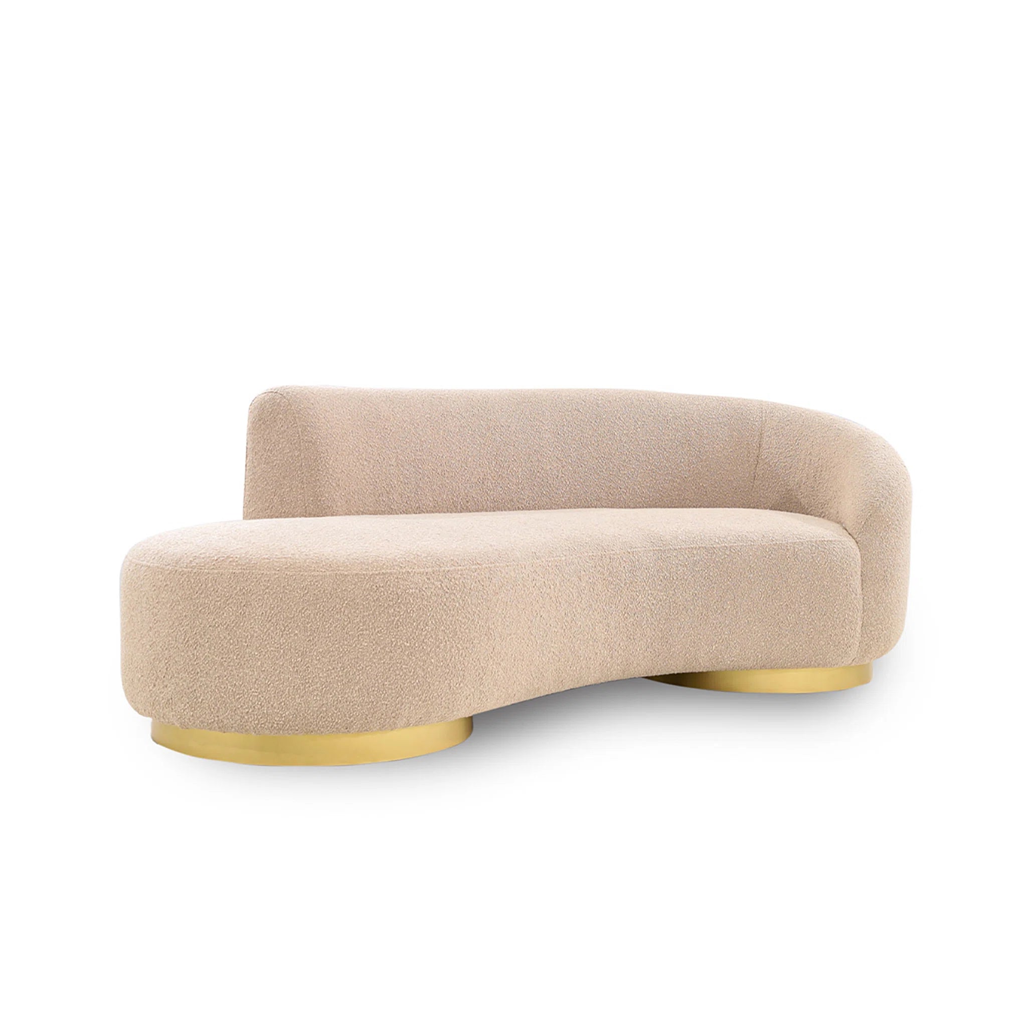 Beige curved sofa with gold legs on a white background