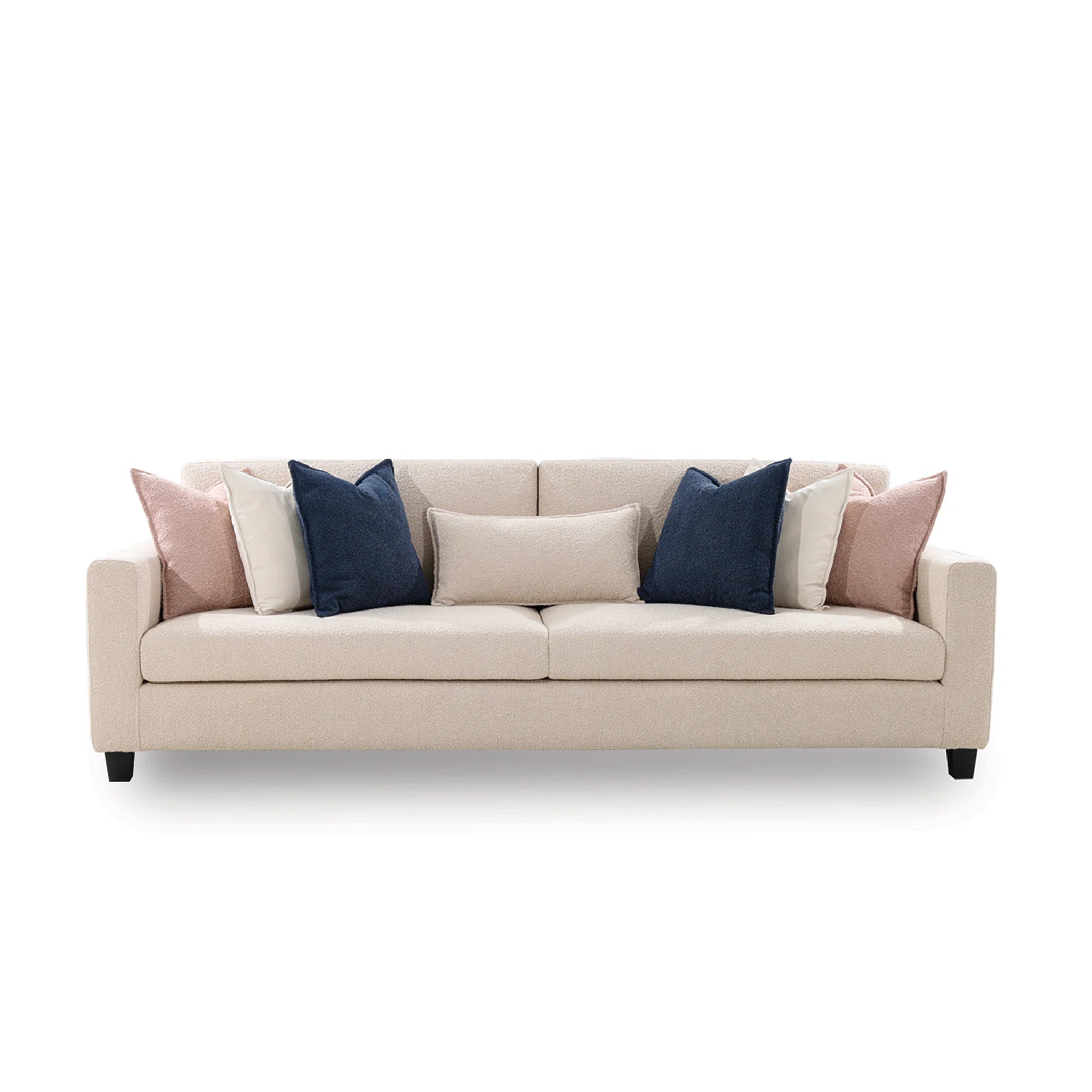 Beige sofa with colorful pillows on a white background