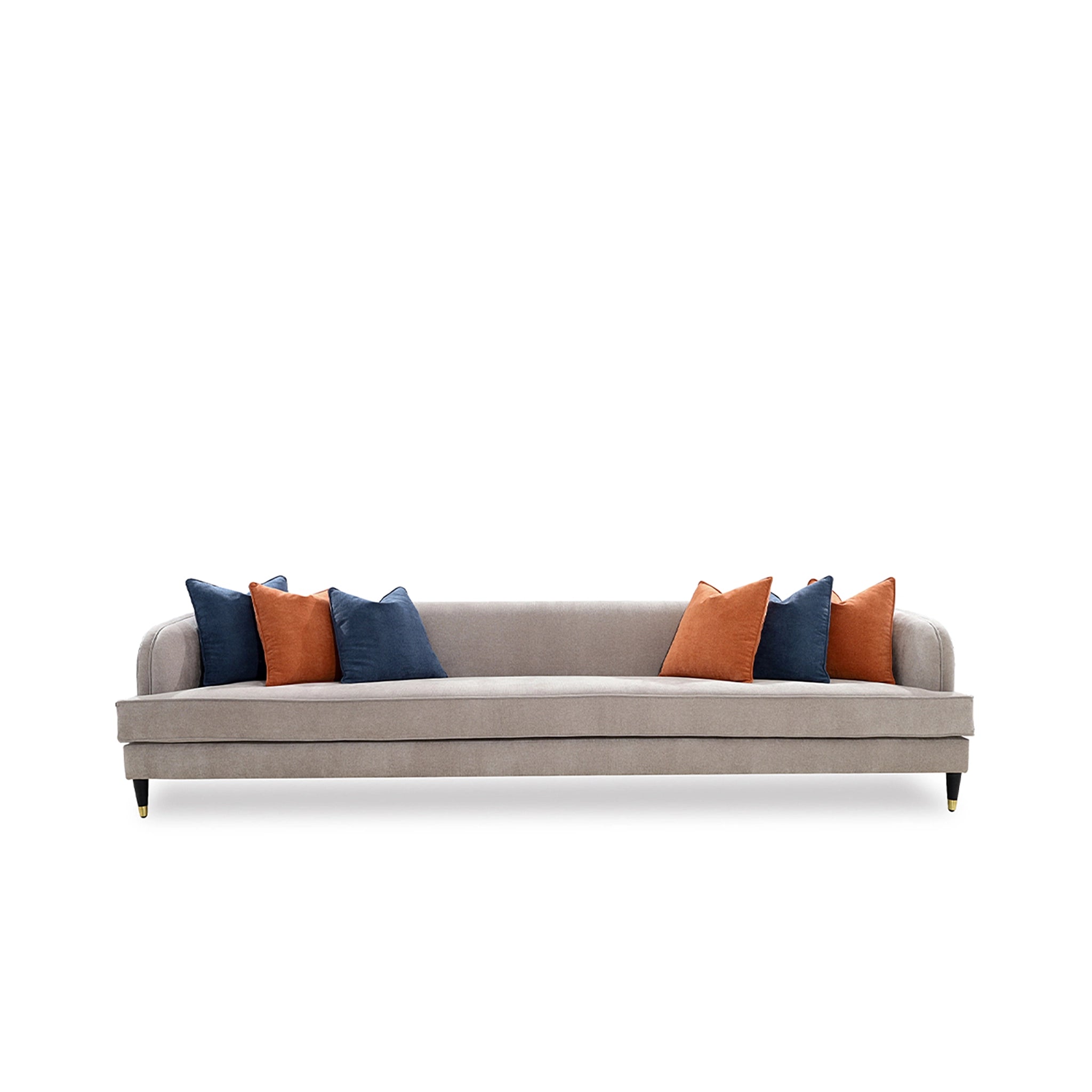 Gray sofa with colorful cushions on a white background
