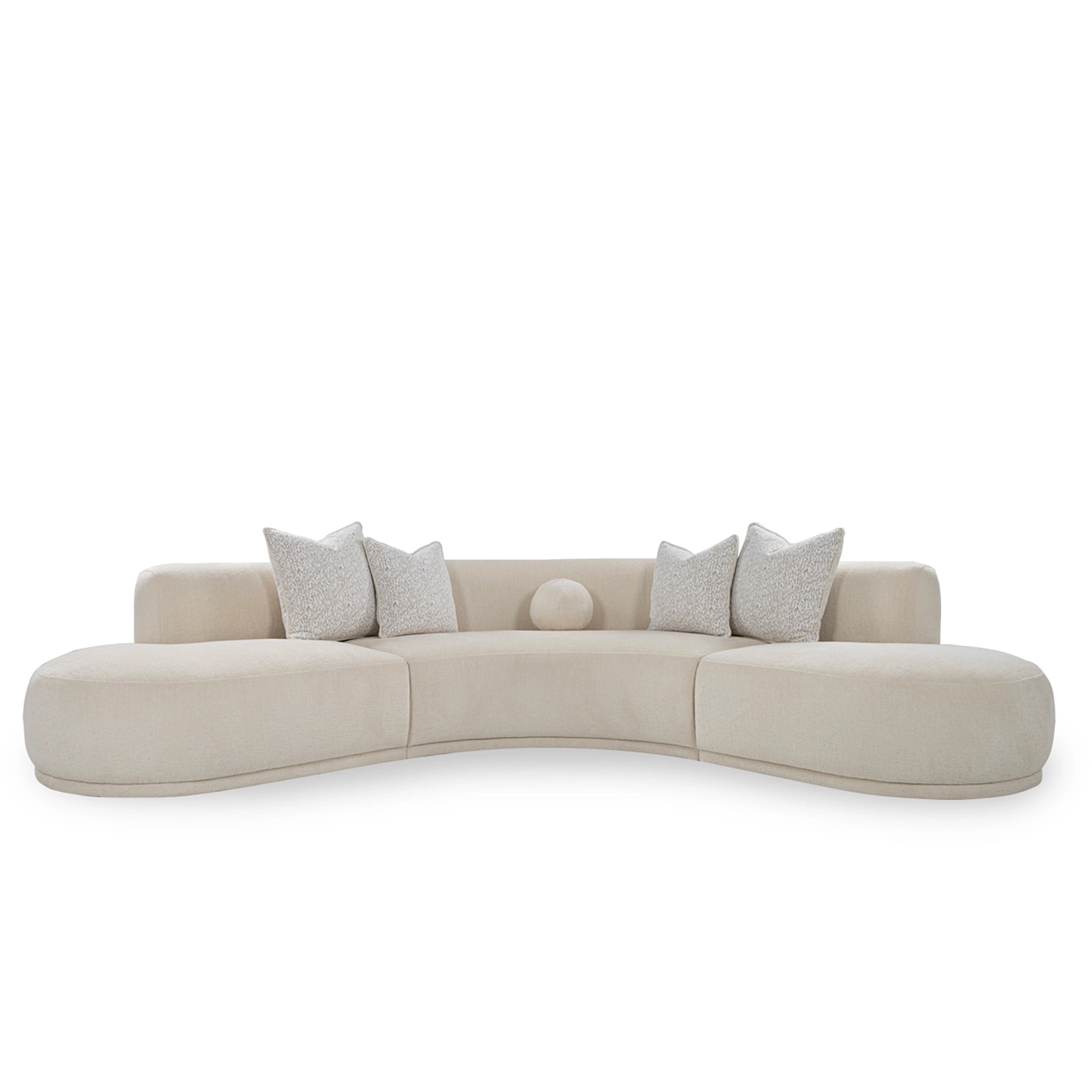 Beige curved sofa with decorative pillows on a white background