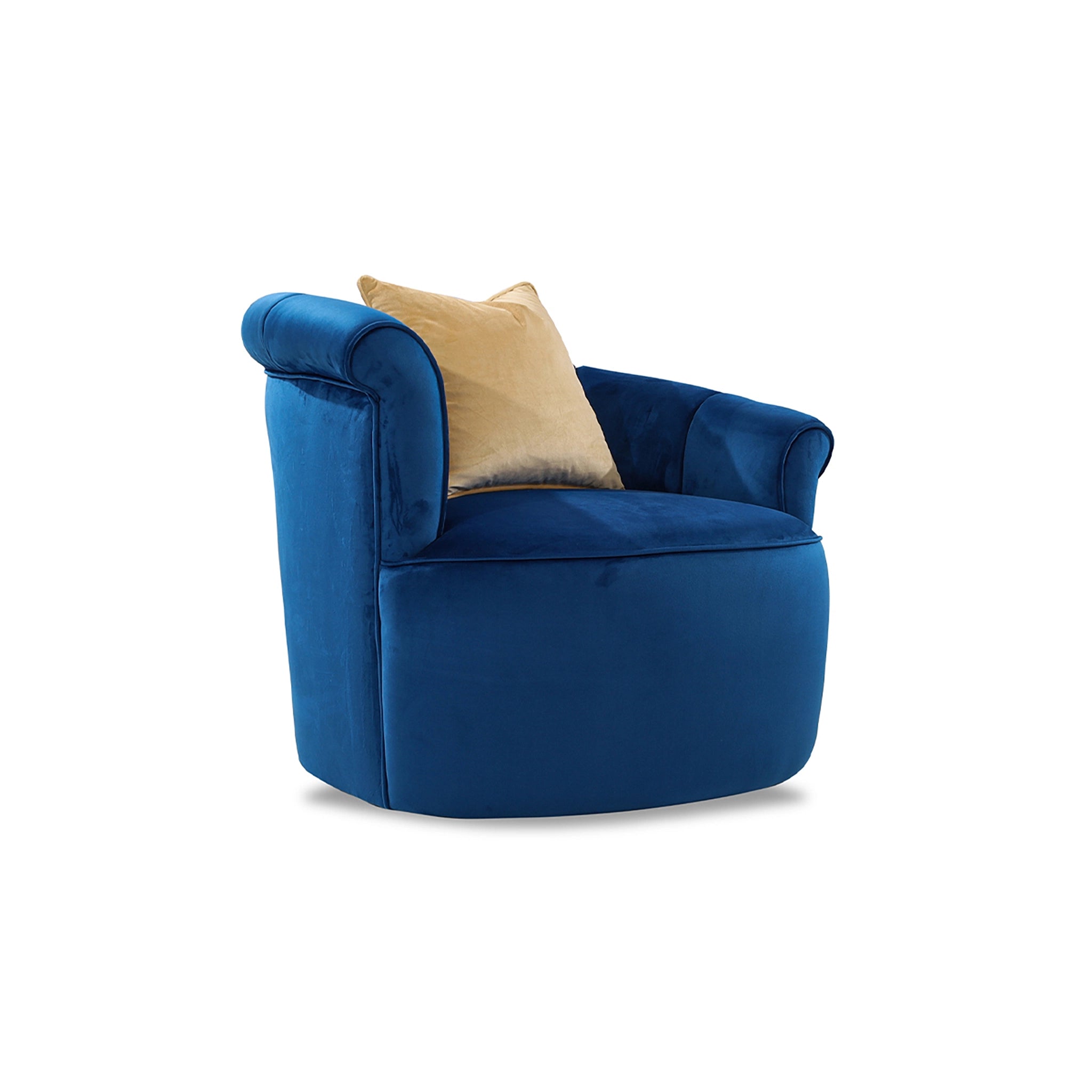 Blue armchair with a yellow cushion on a white background