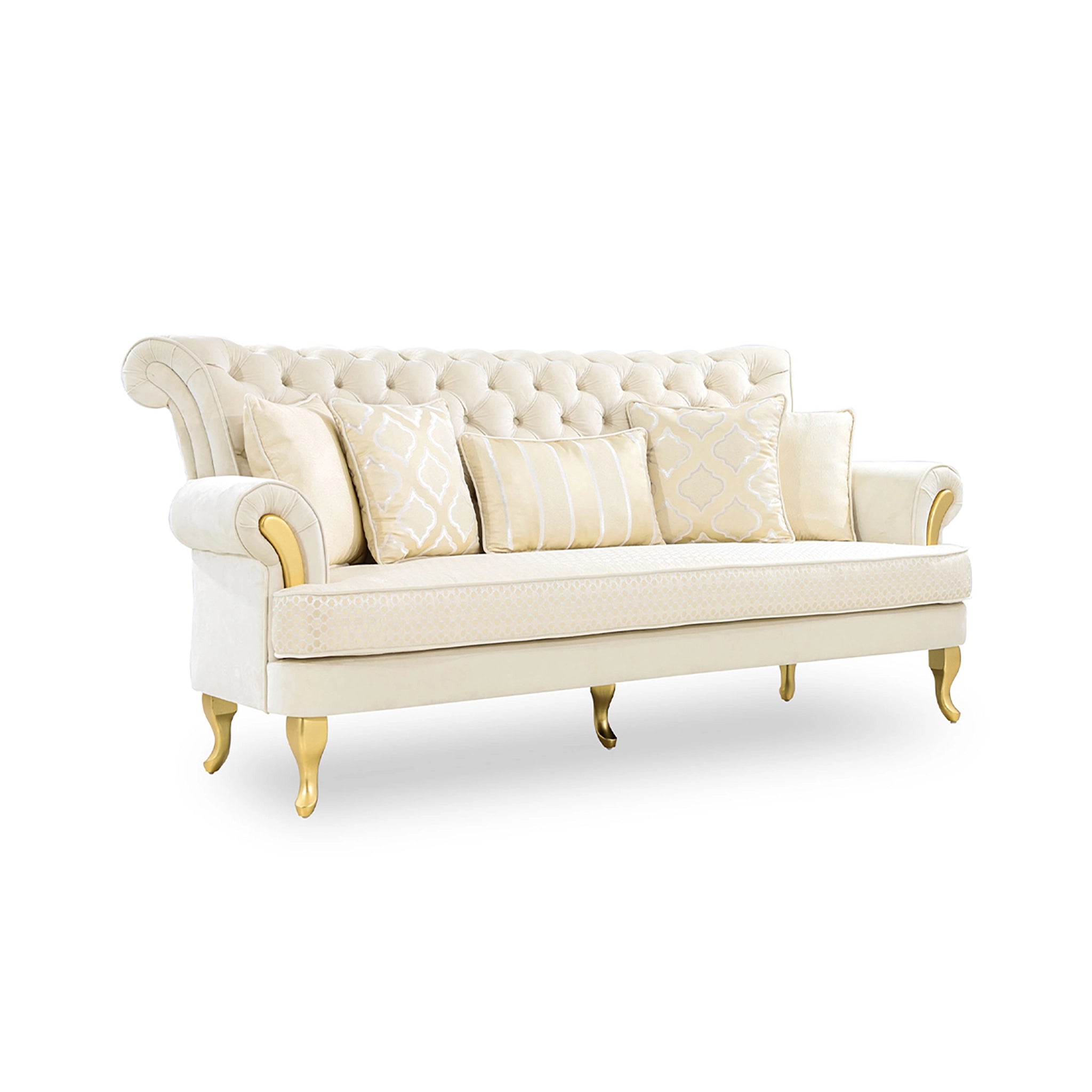 Beige sofa with gold accents on a white background
