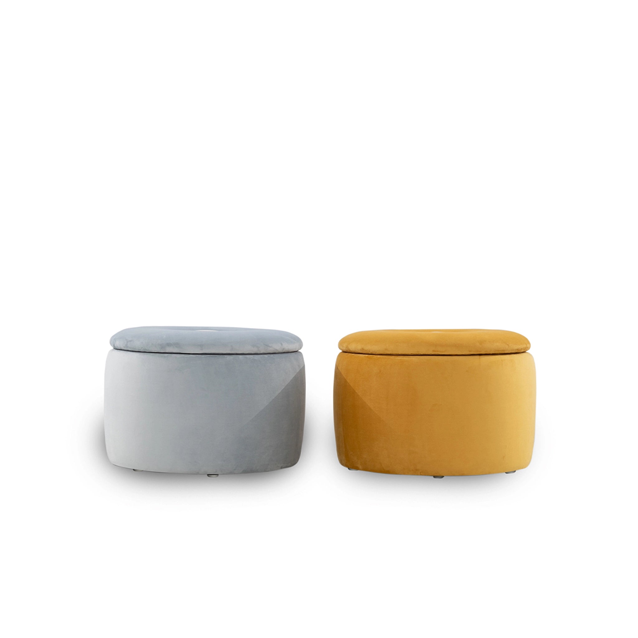 Two ottomans, one gray and one mustard yellow, on a white background