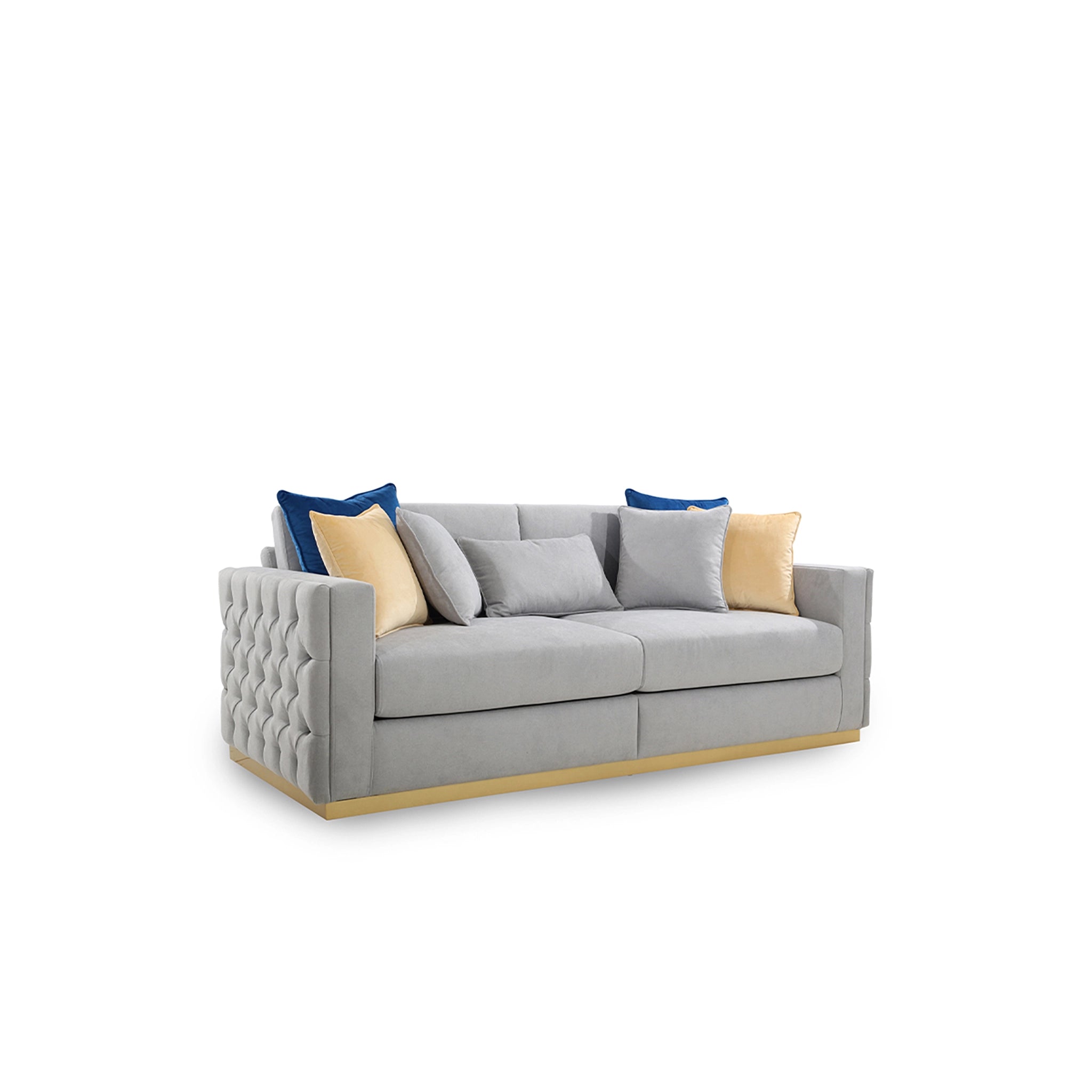 Gray sofa with colorful cushions on a white background