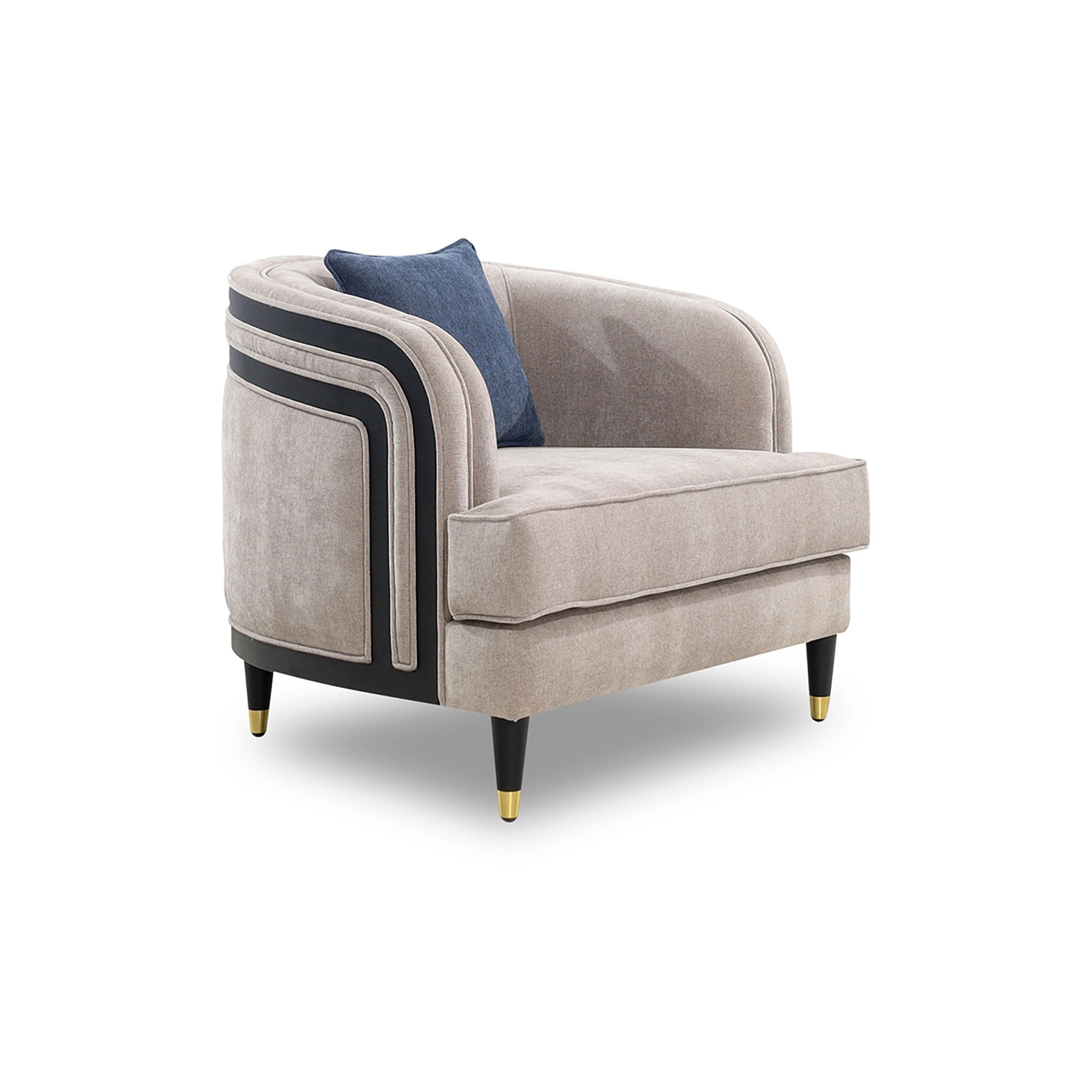 Gray armchair with black accents and a blue pillow on a white background