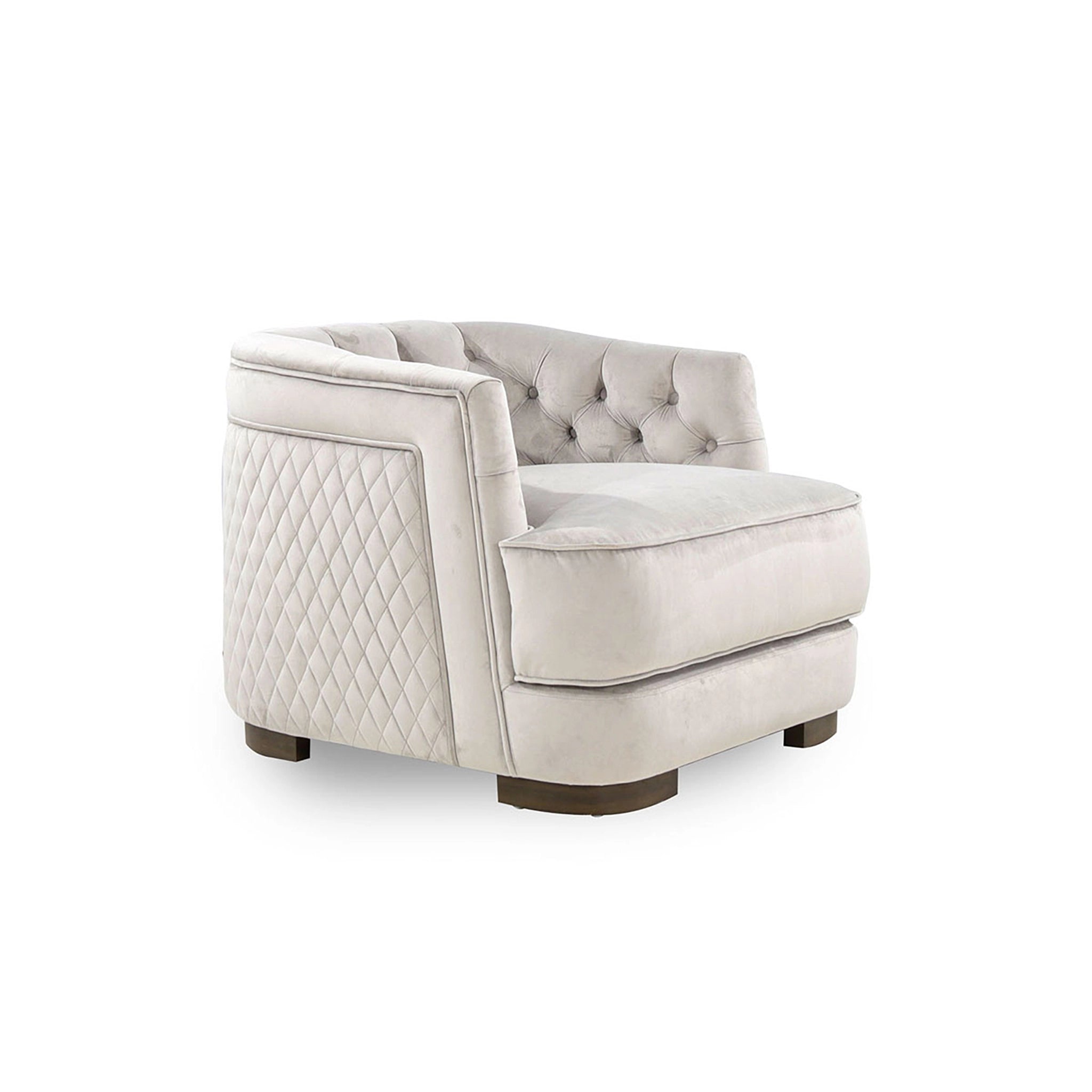 Beige armchair with quilted details on a white background