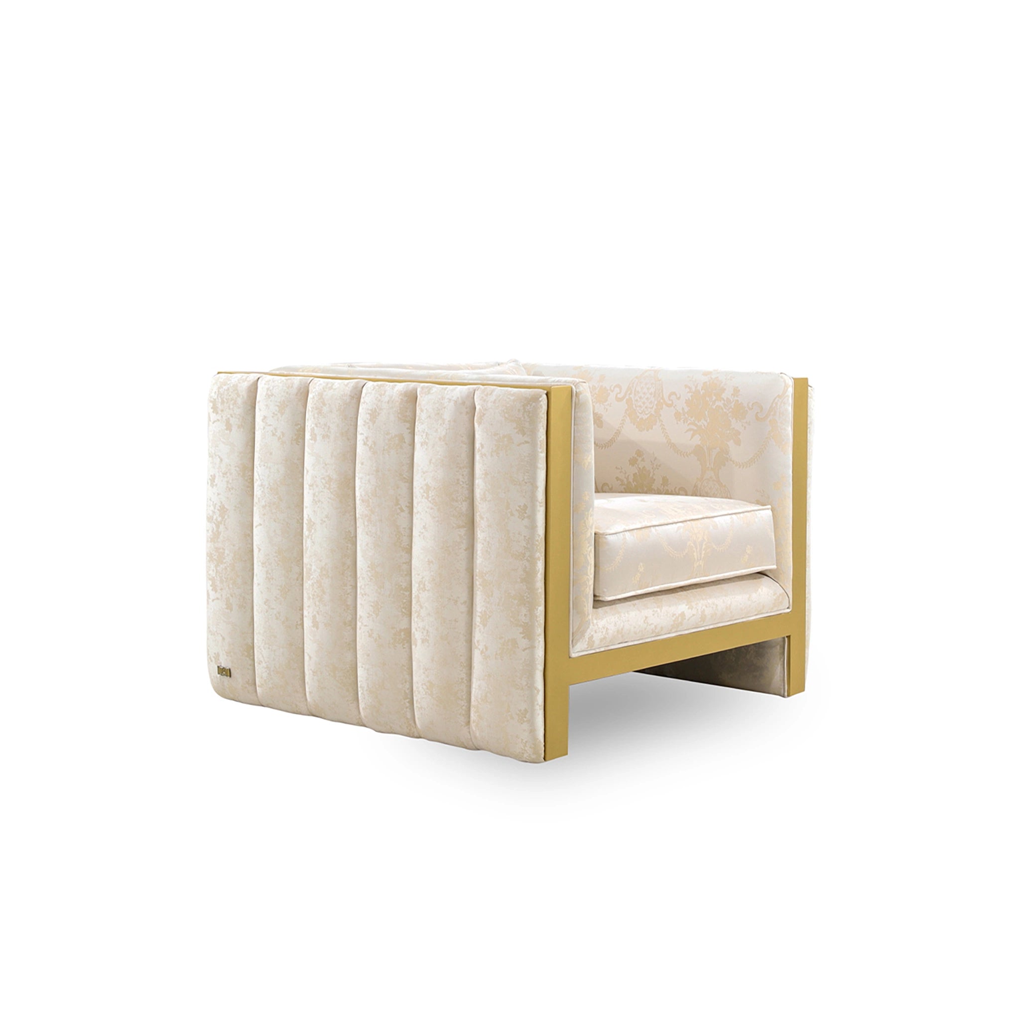 Beige armchair with gold frame on a white background