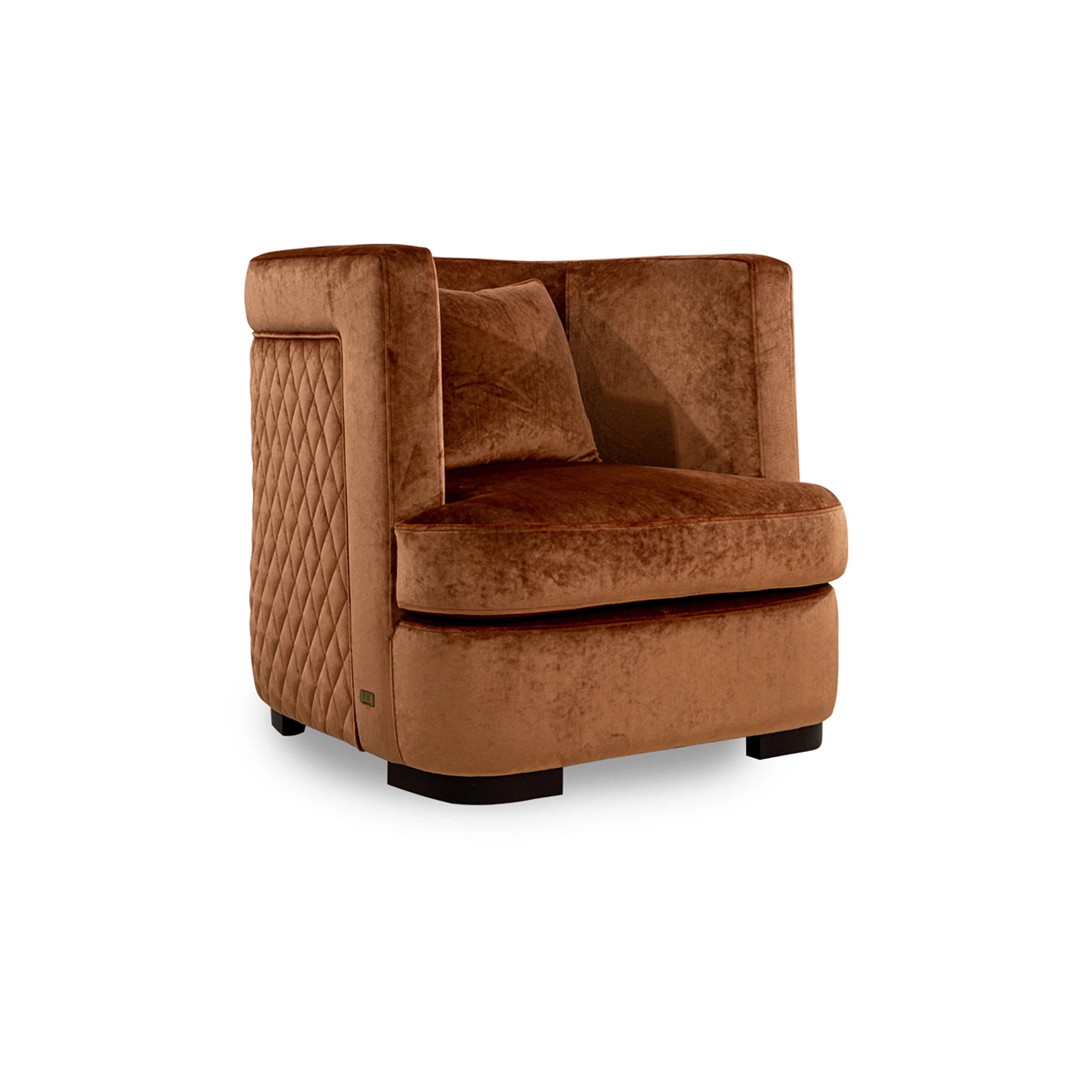 Brown armchair with quilted details on a white background