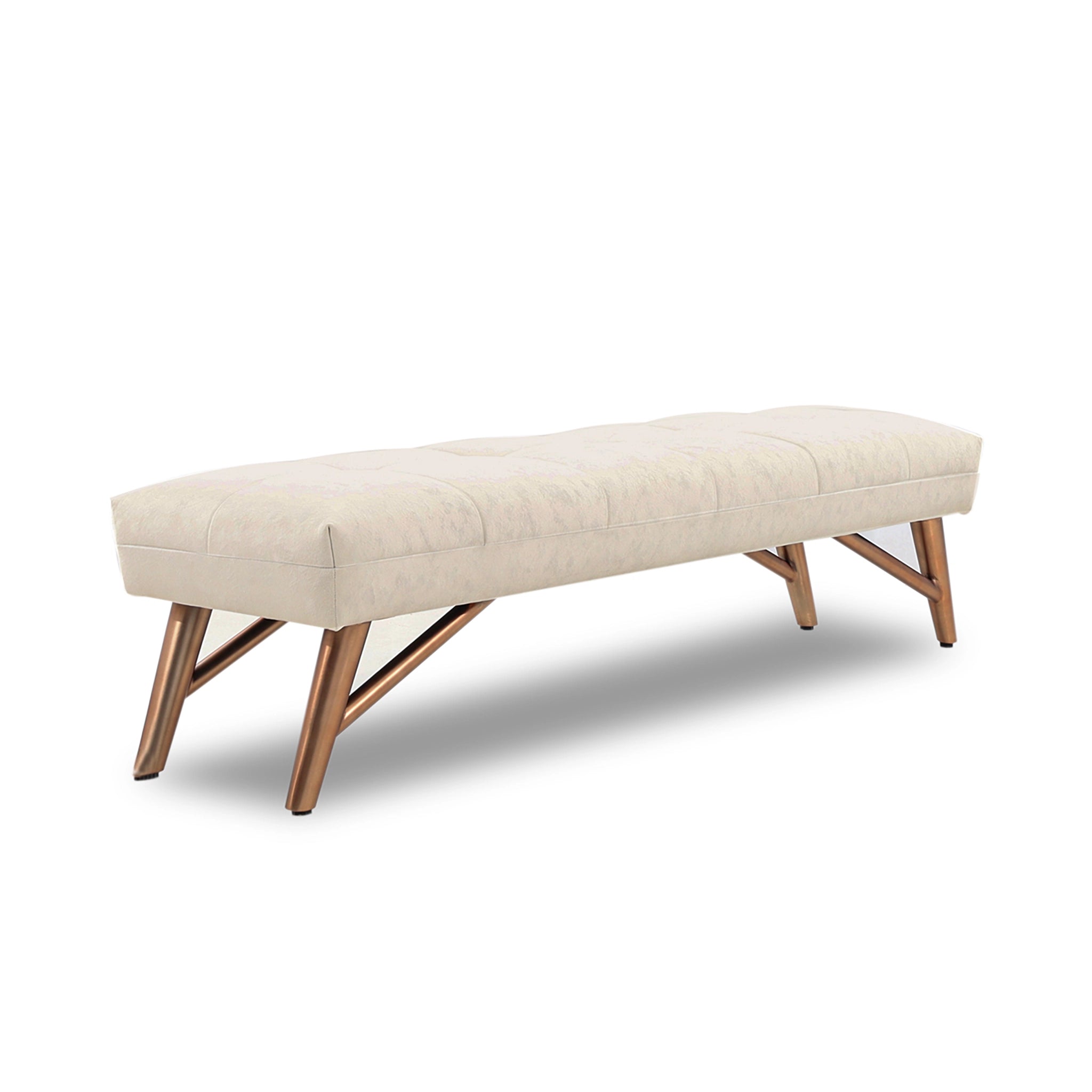 Beige upholstered bench with wooden legs on a white background