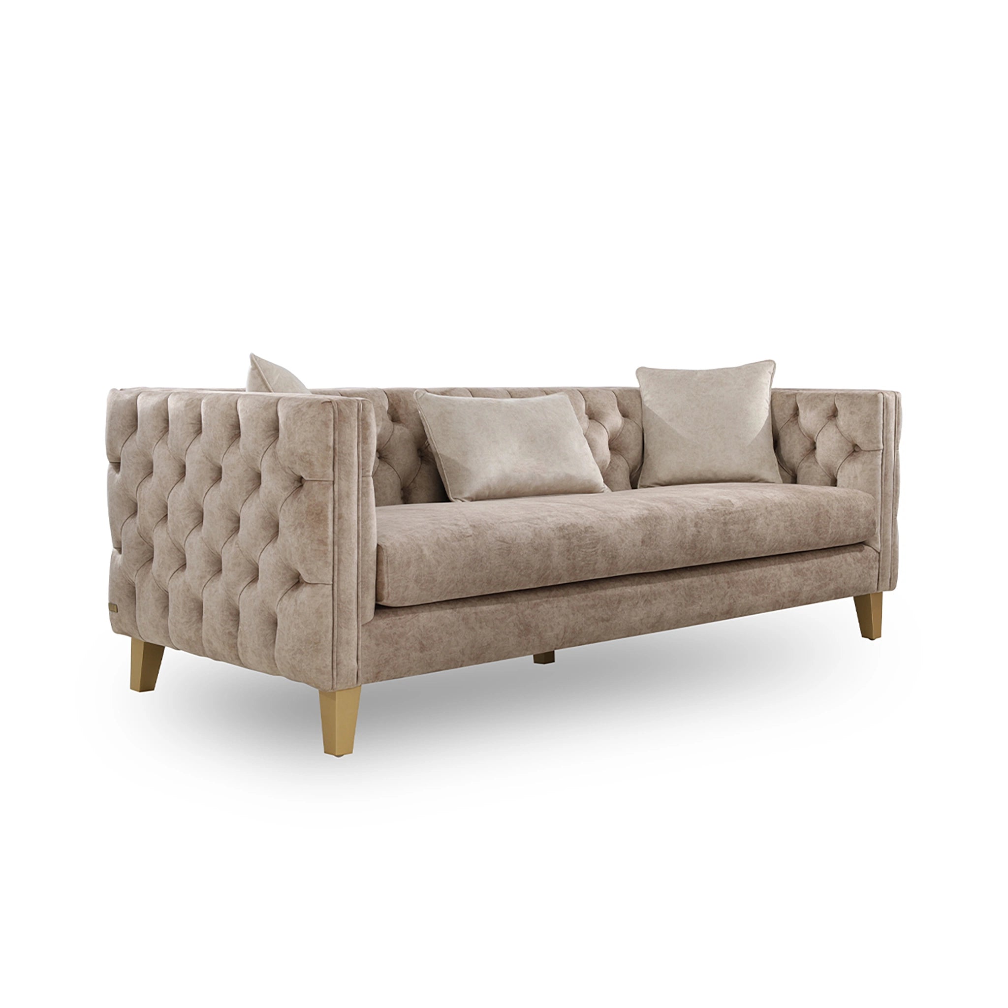 Beige tufted sofa with cushions on a white background