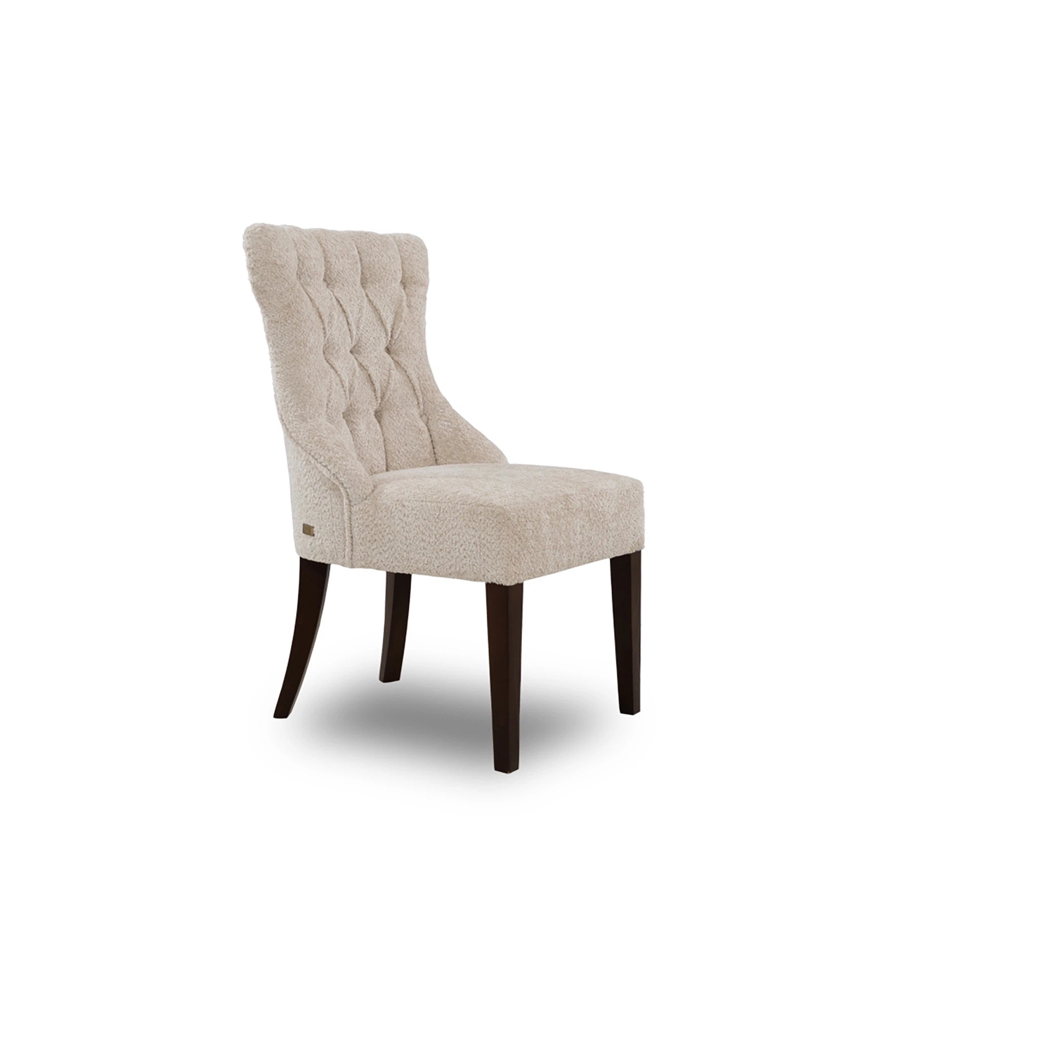 Beige upholstered chair with dark wood legs on a white background