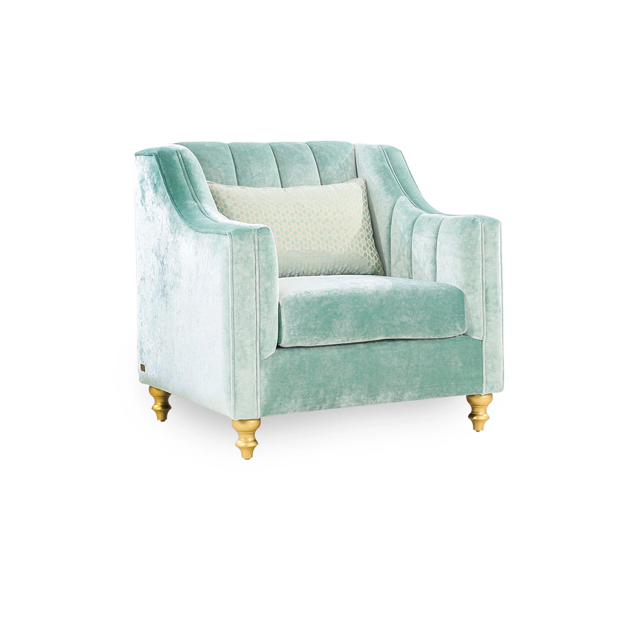 Light blue armchair with gold legs on a white background