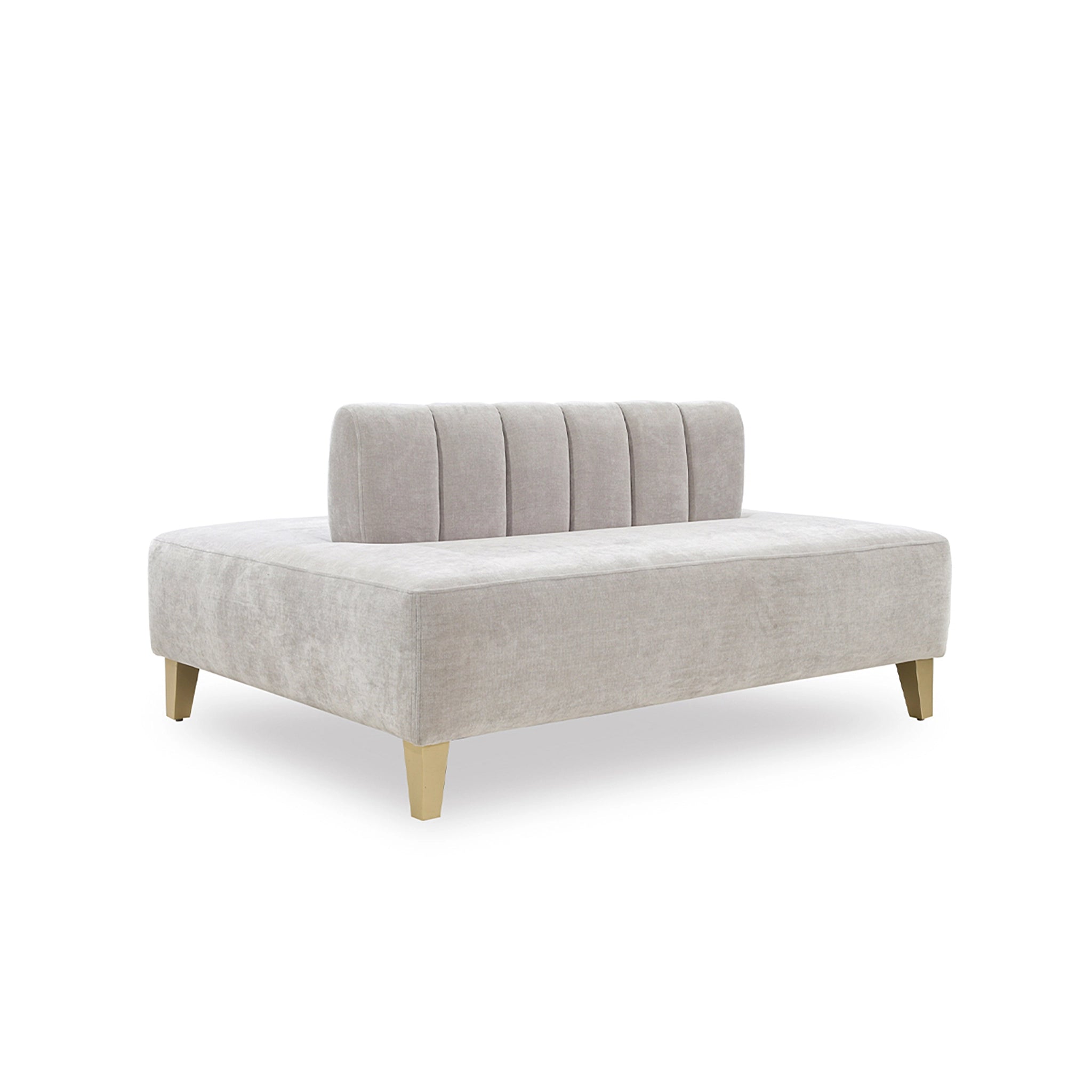 Gray upholstered bench with wooden legs on a white background
