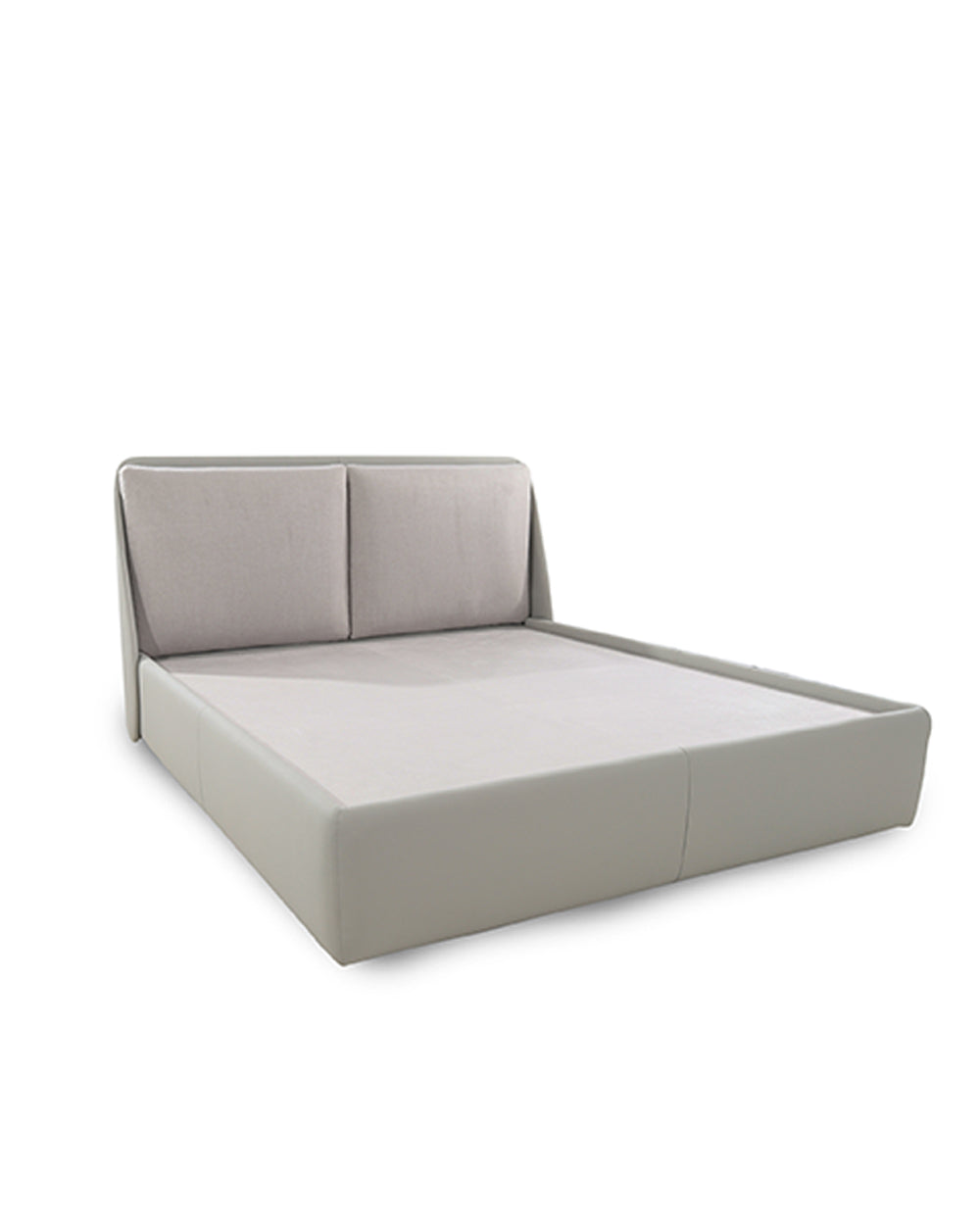 Gray upholstered bed on a white background