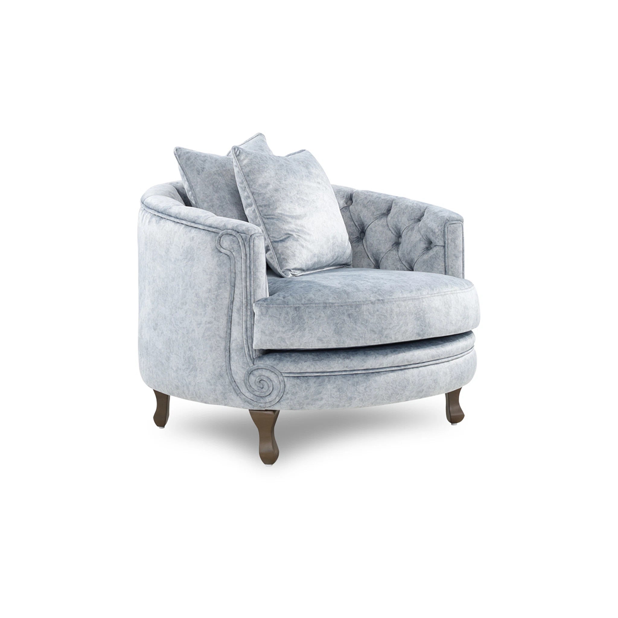 Gray upholstered armchair with tufted backrest on a white background