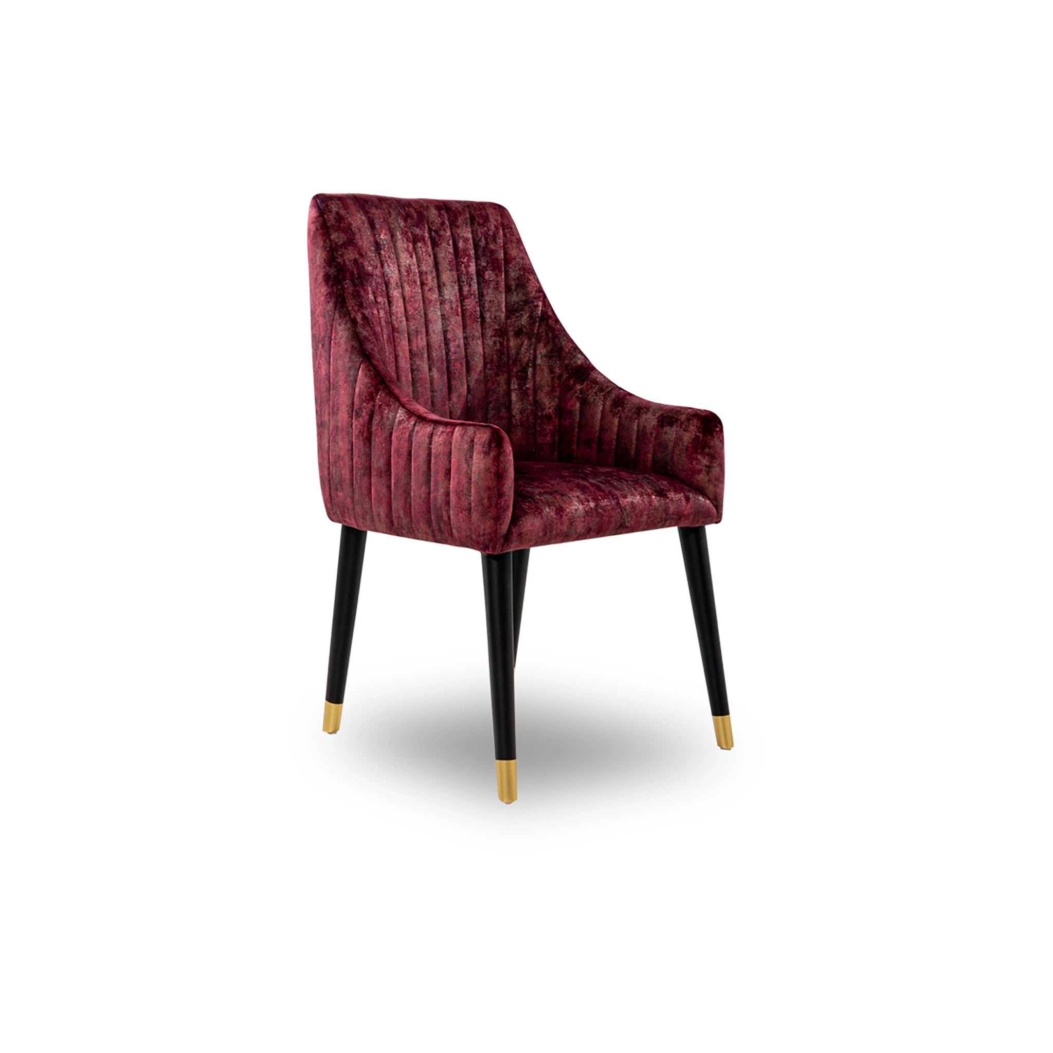 Maroon velvet armchair with black legs on a white background