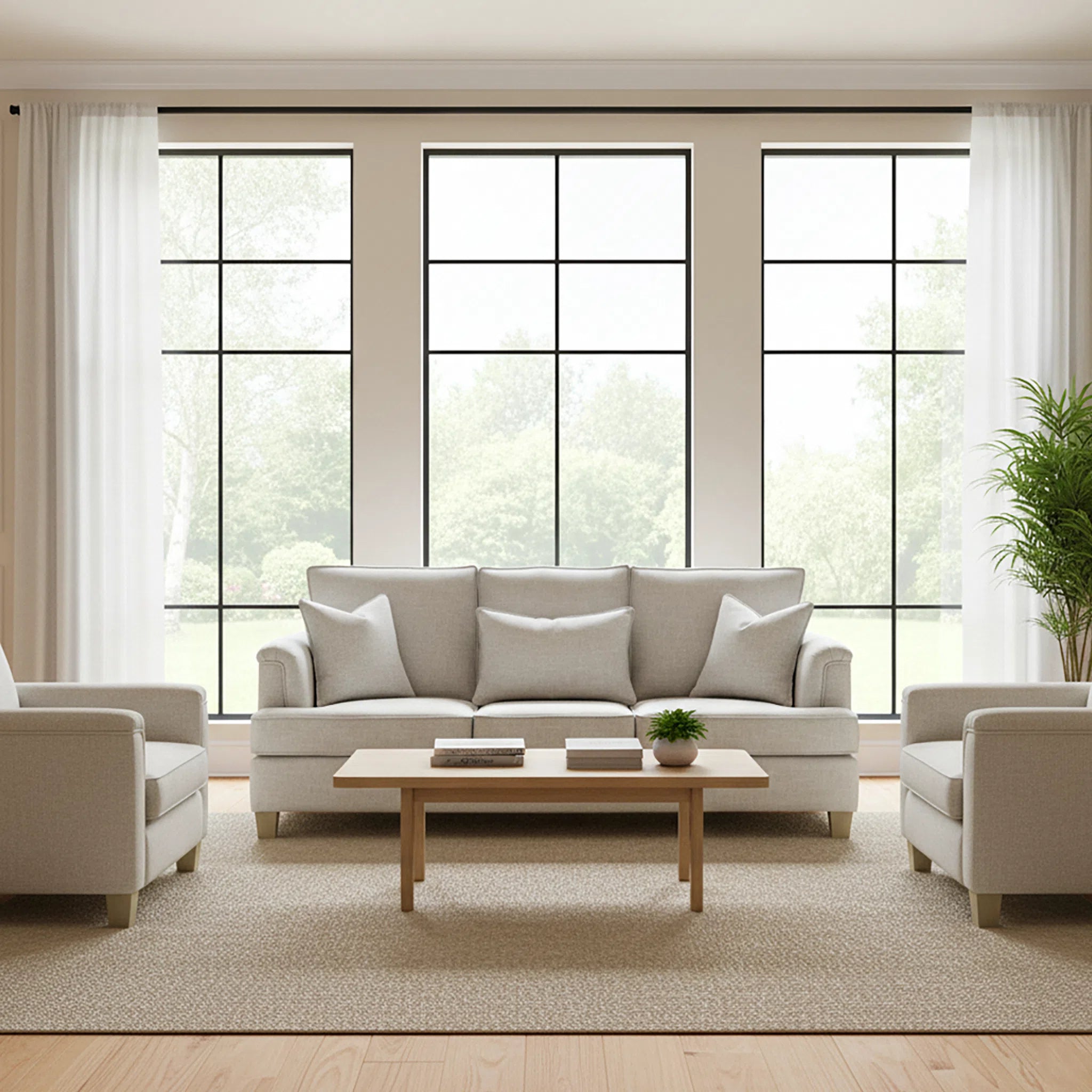 Modern living room with beige sofa, armchairs, and a wooden coffee table.