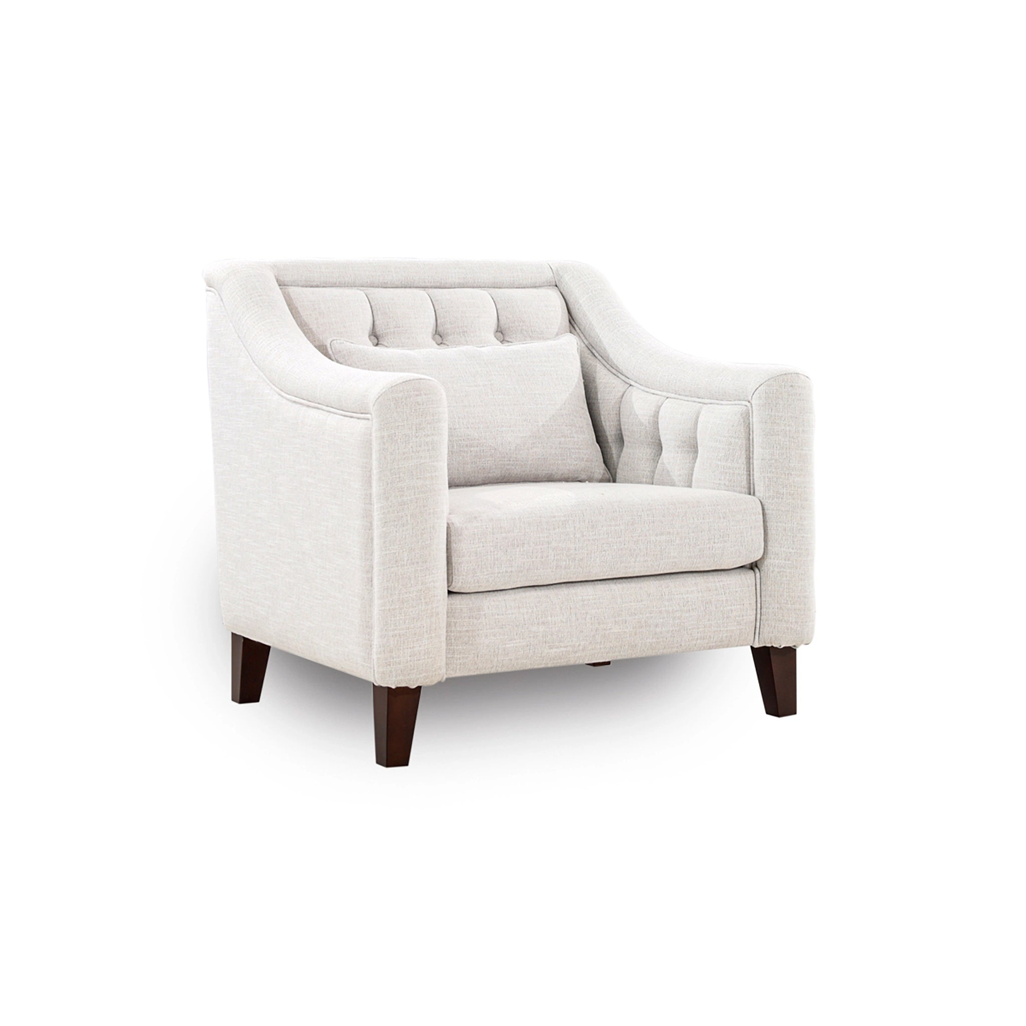 Beige armchair with wooden legs on a white background