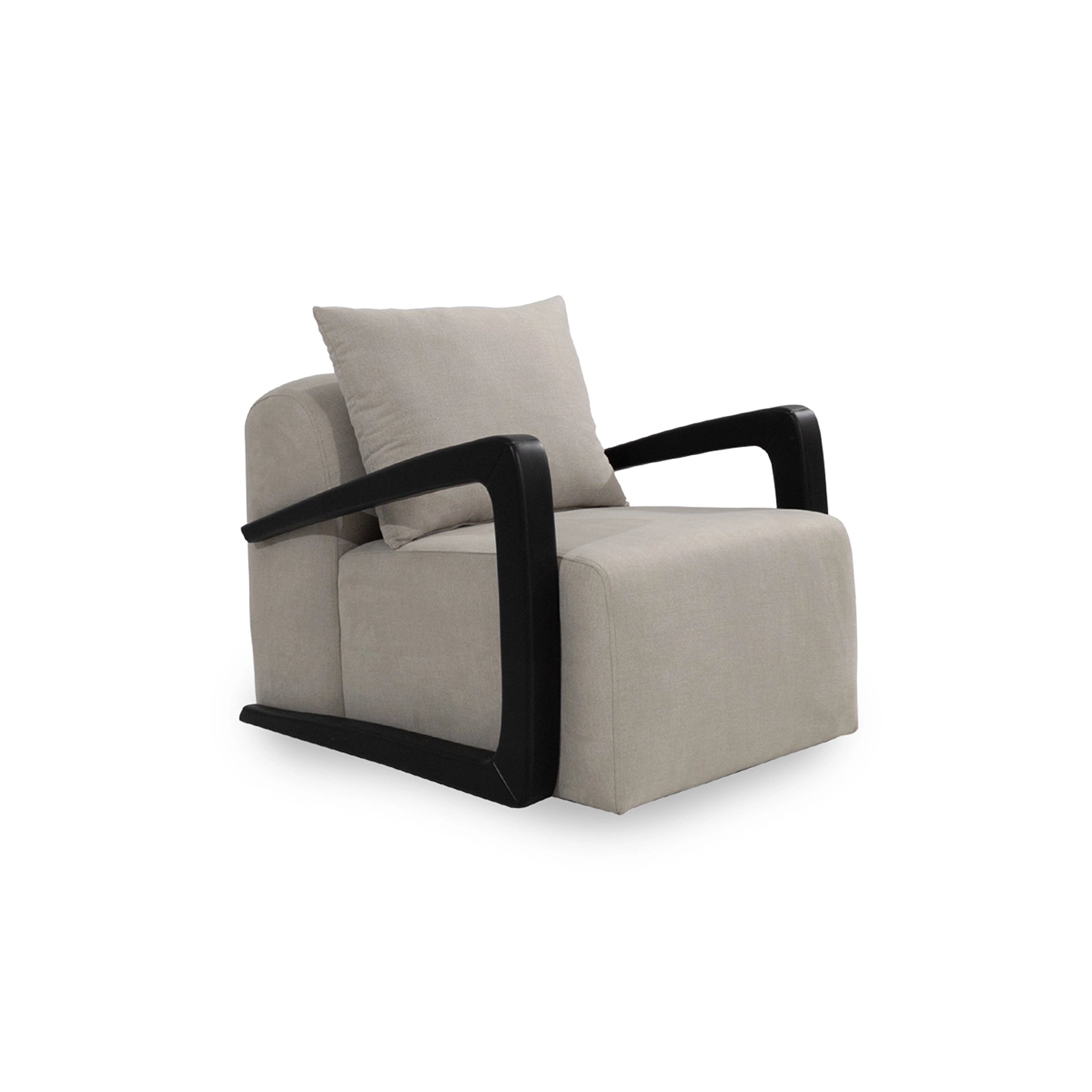 Beige armchair with black frame on a white background