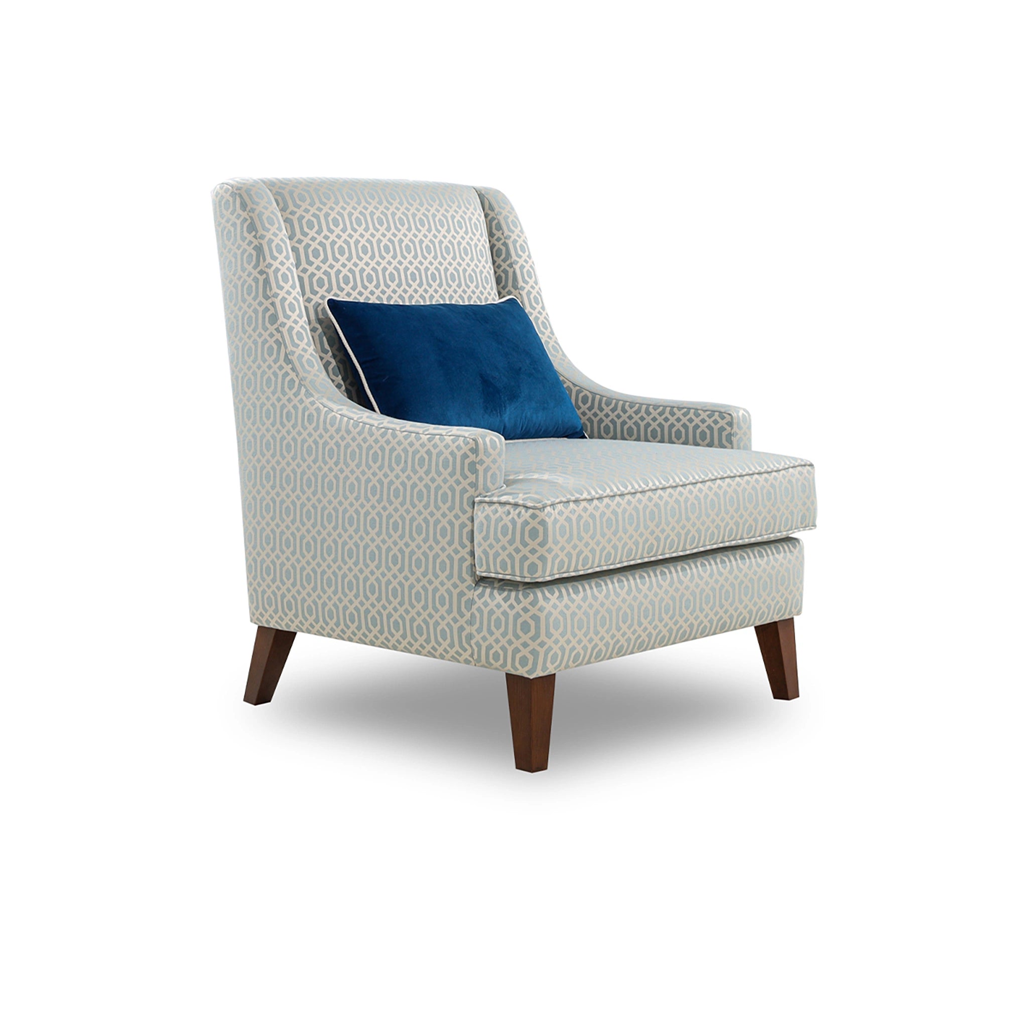 Patterned armchair with a blue pillow on a white background