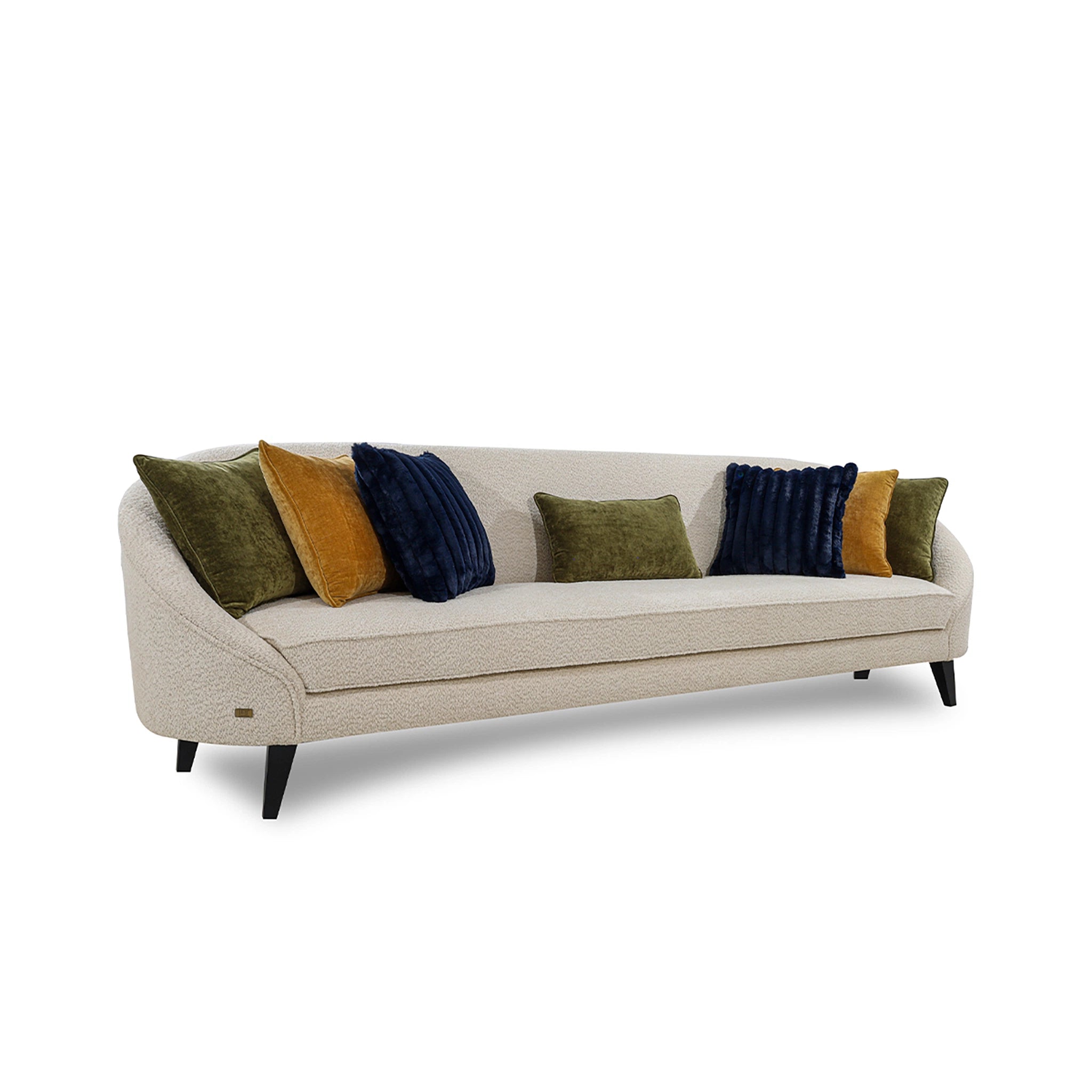 Beige sofa with colorful cushions on a white background