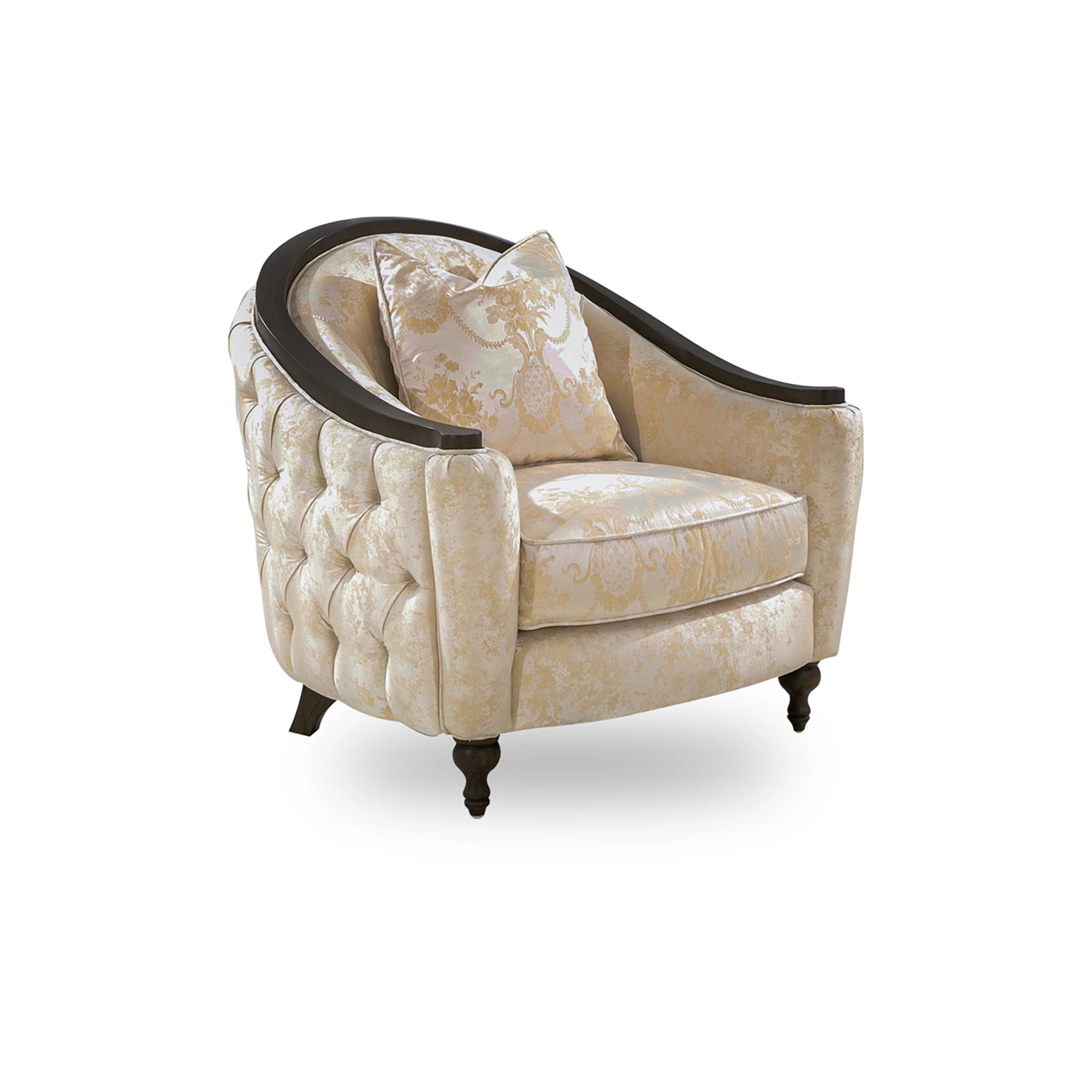 Decorative armchair with floral pattern and tufted backrest on a white background
