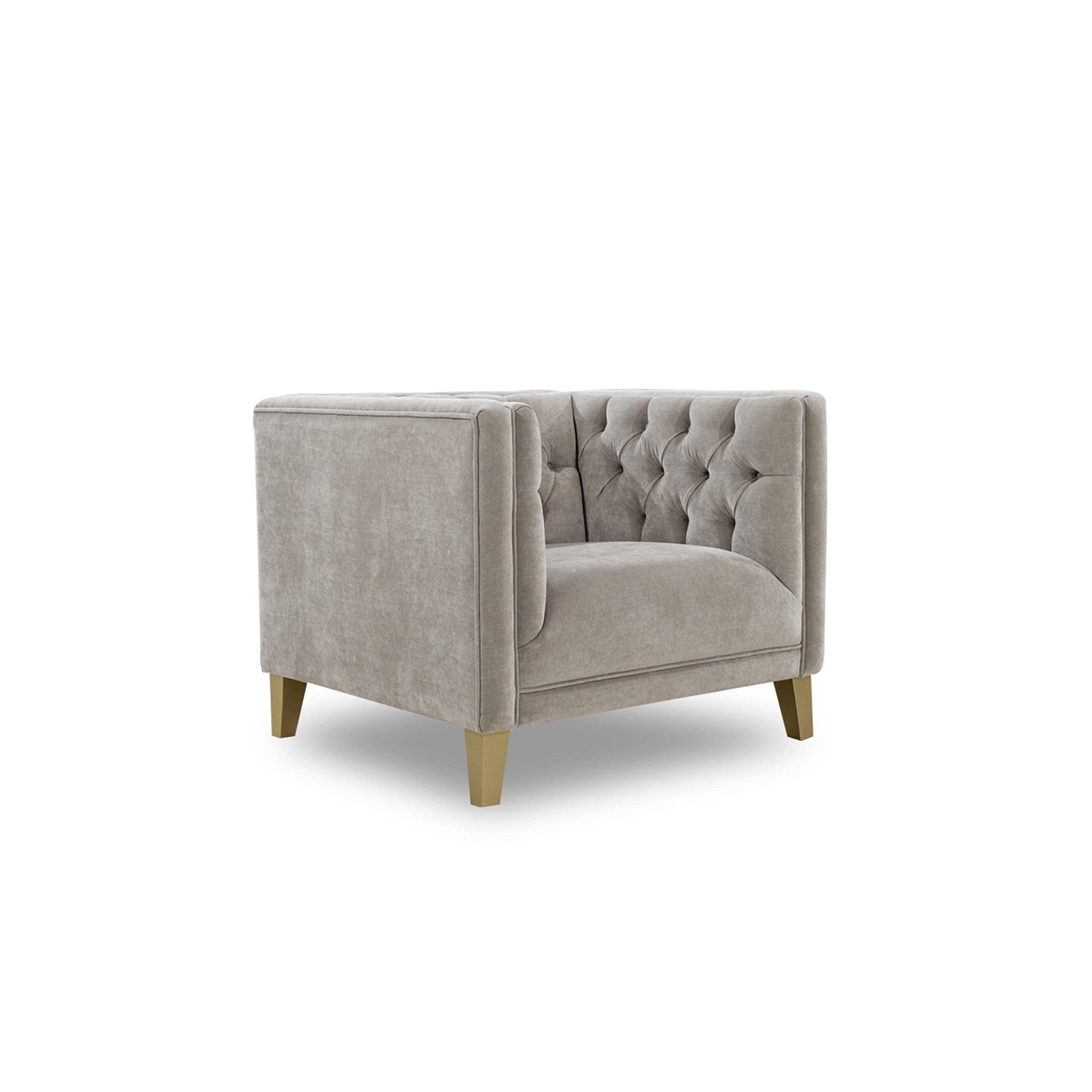 Gray tufted armchair on a white background