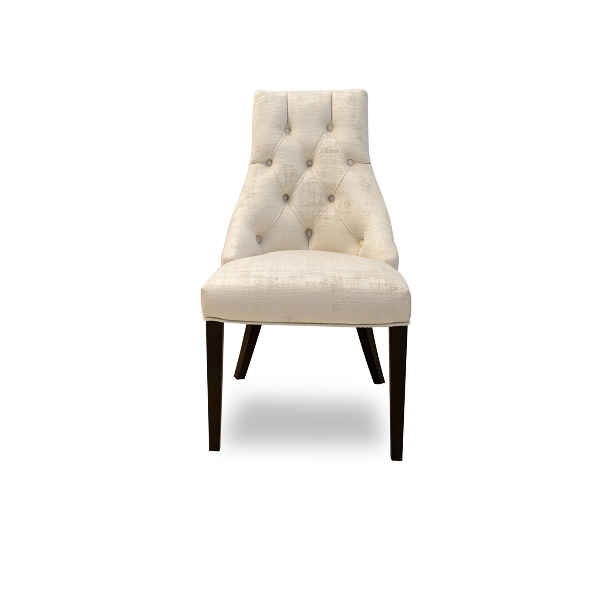Beige upholstered chair with buttoned backrest on a white background