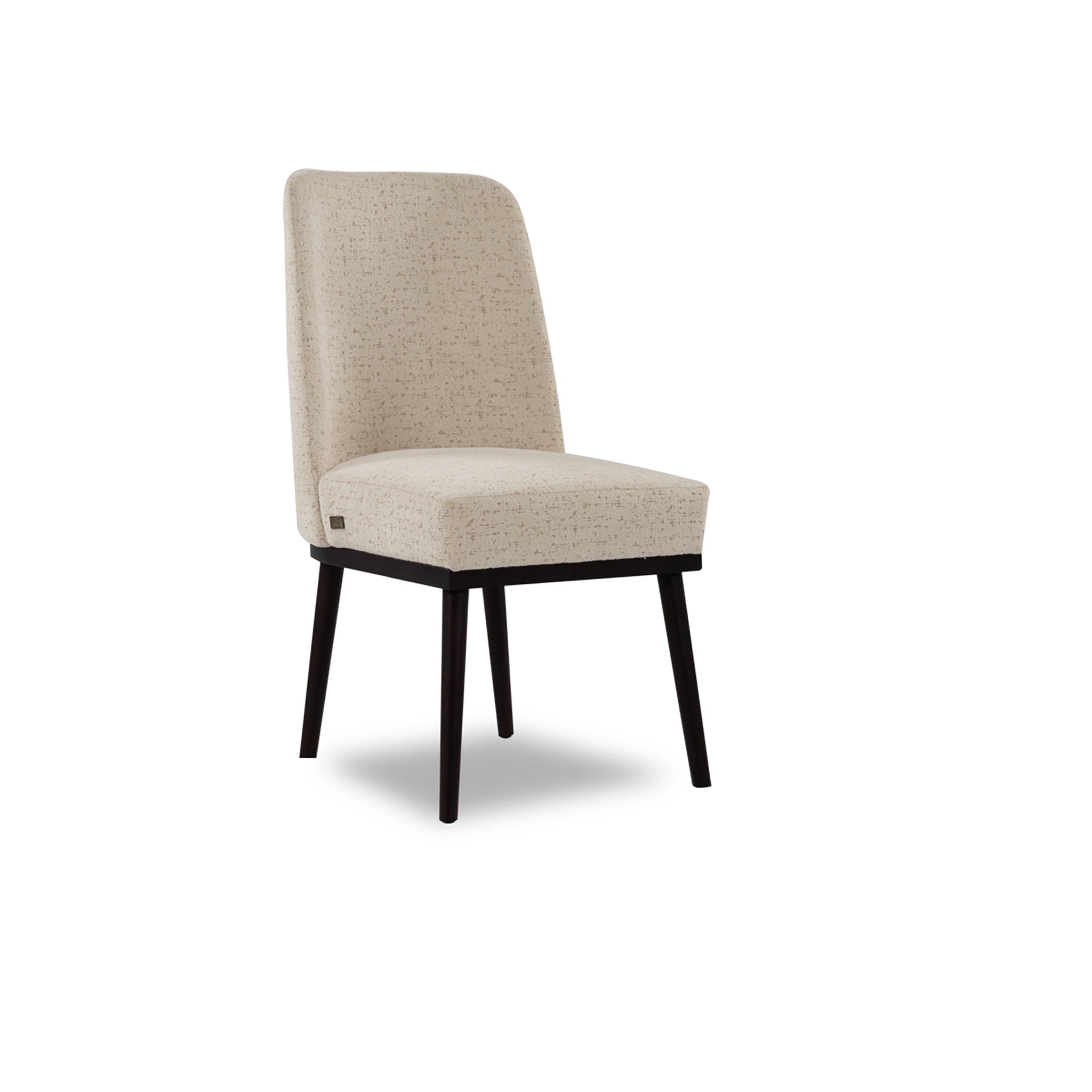 Beige upholstered chair with black legs on a white background