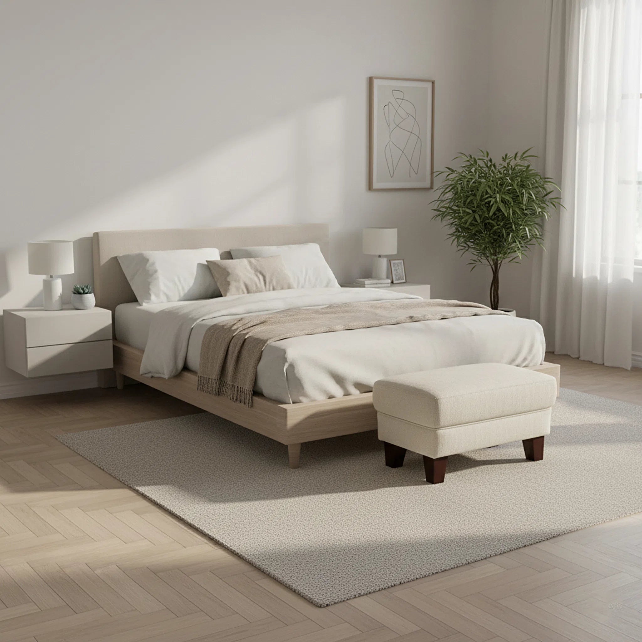 Neatly made bed with beige bedding in a modern bedroom setting.