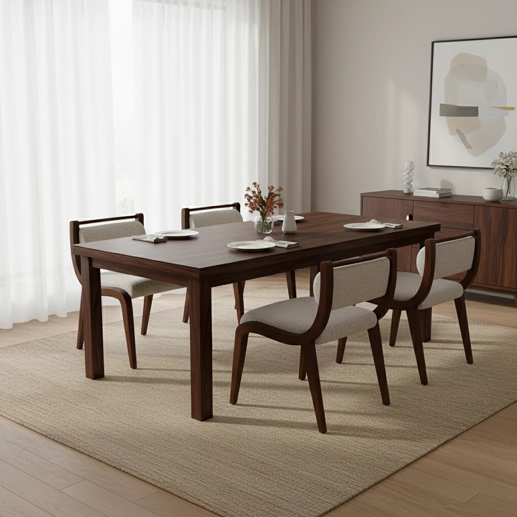 Dining room with wooden table and chairs in a well-lit room.