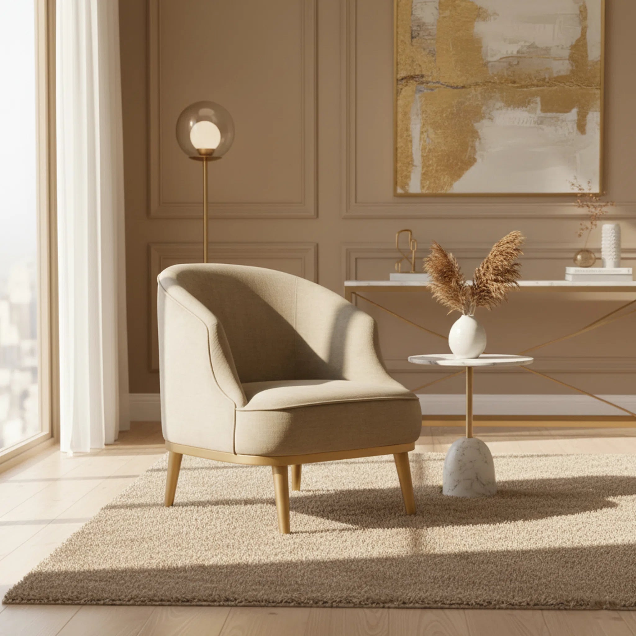 Beige armchair in a modern living room with abstract art and decor.