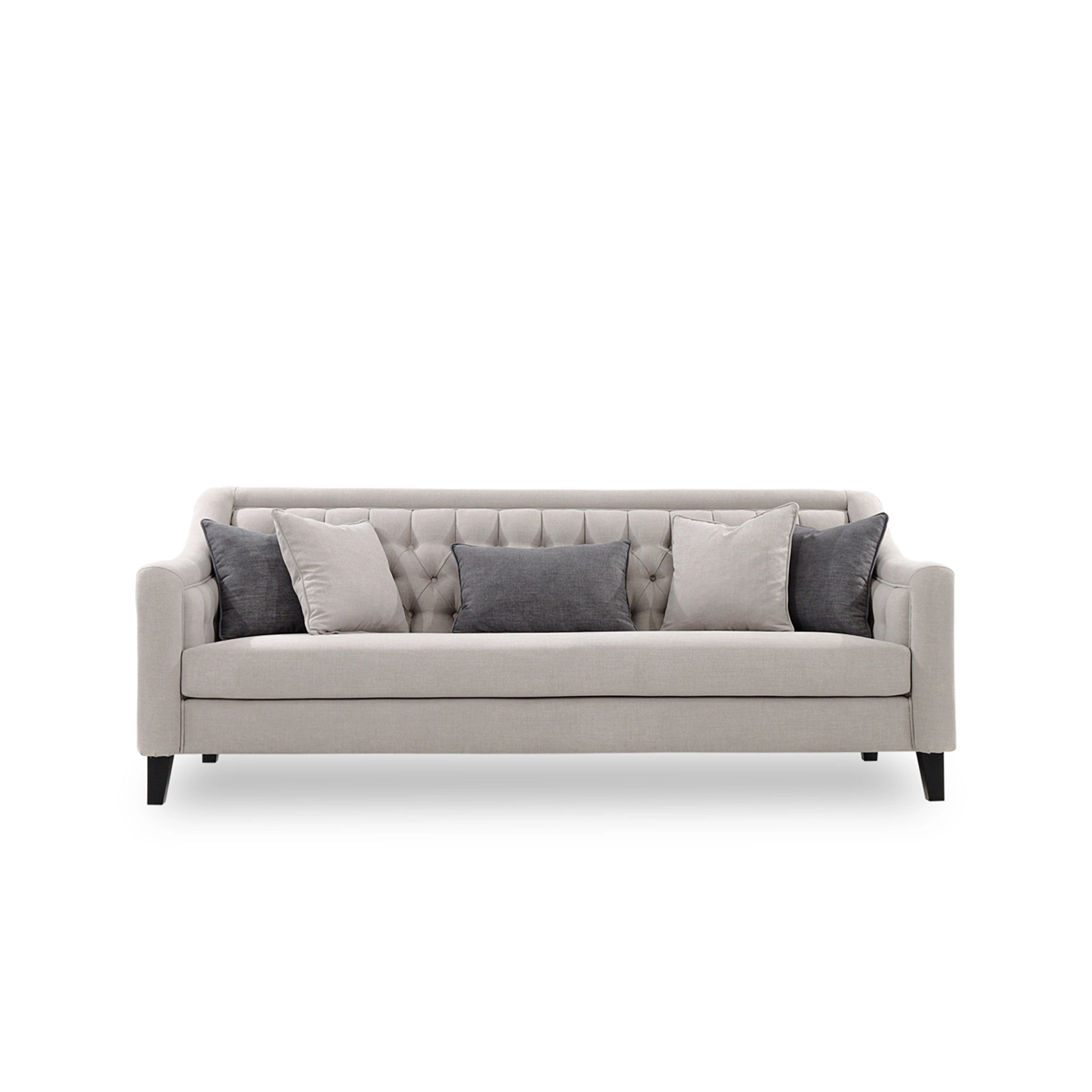 Gray sofa with decorative pillows on a white background