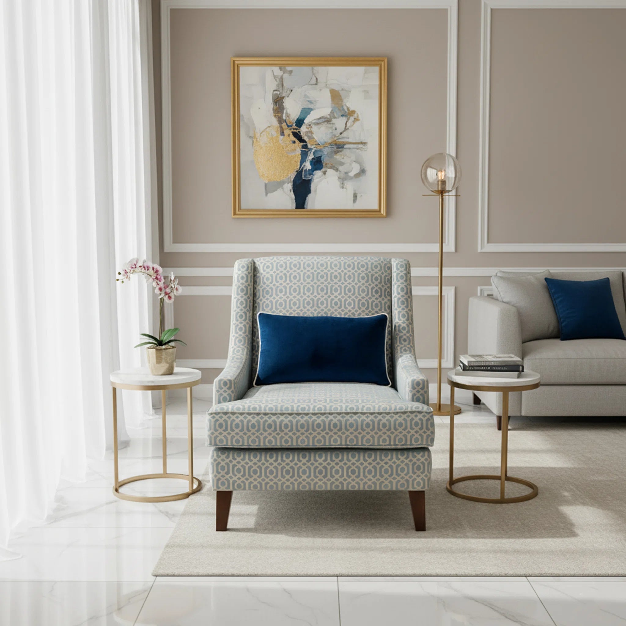 Living room with a patterned armchair, sofa, and abstract art on the wall.