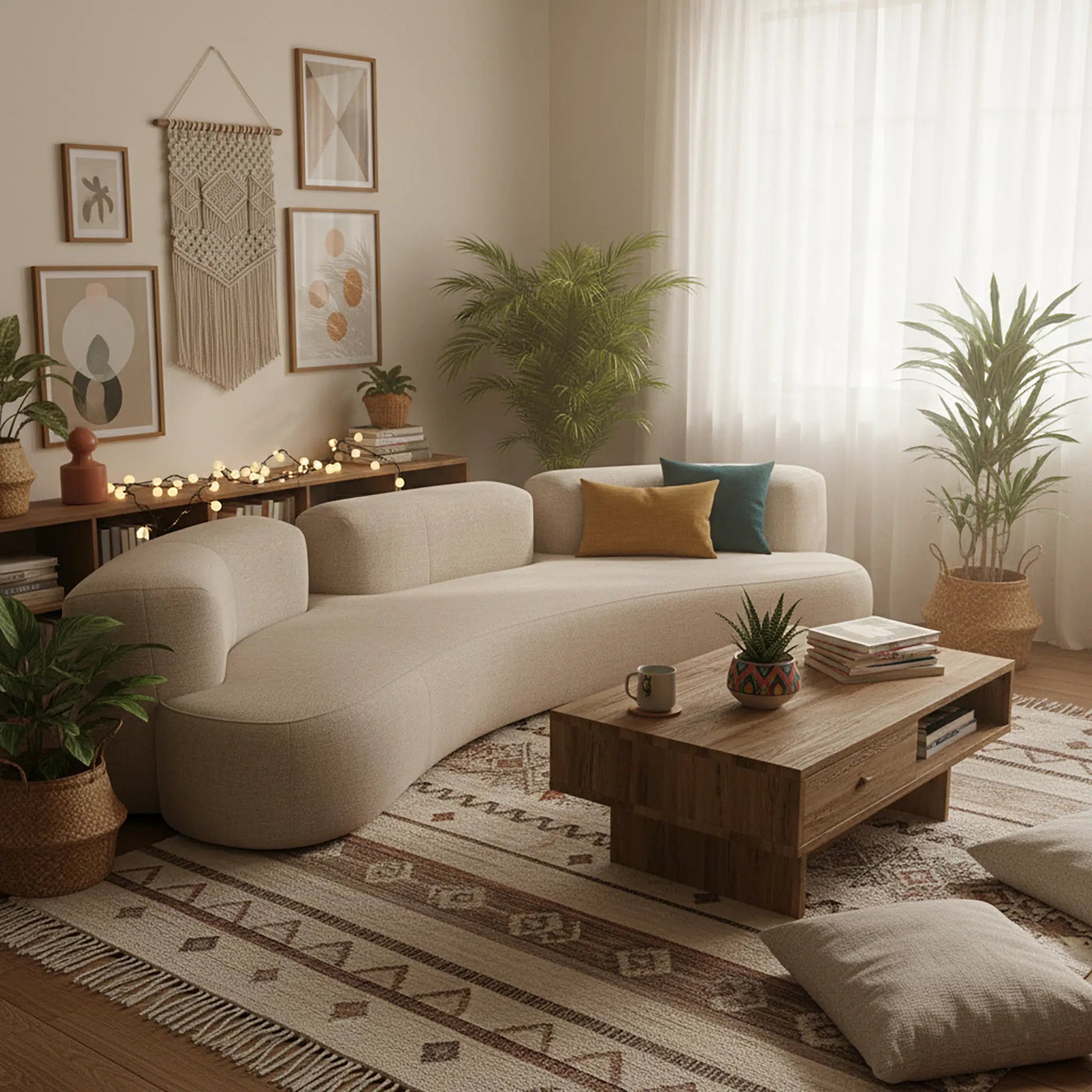 Cozy living room with a beige sofa, wooden coffee table, and decorative elements.