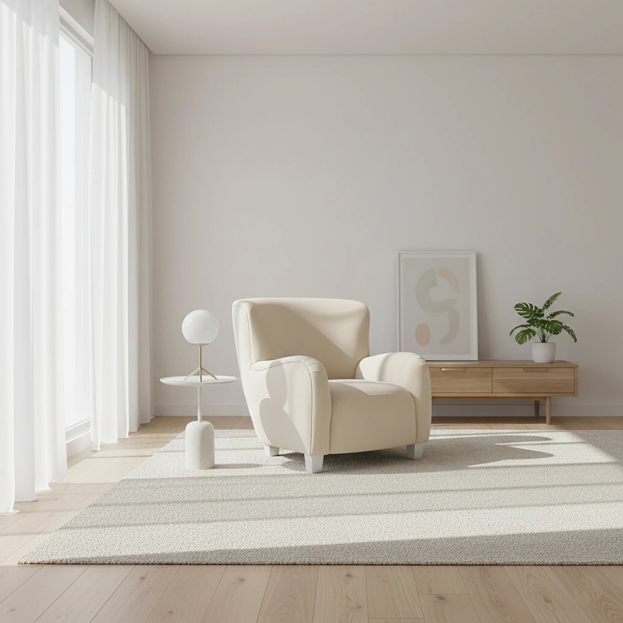 Beige armchair in a modern living room with a neutral color palette.