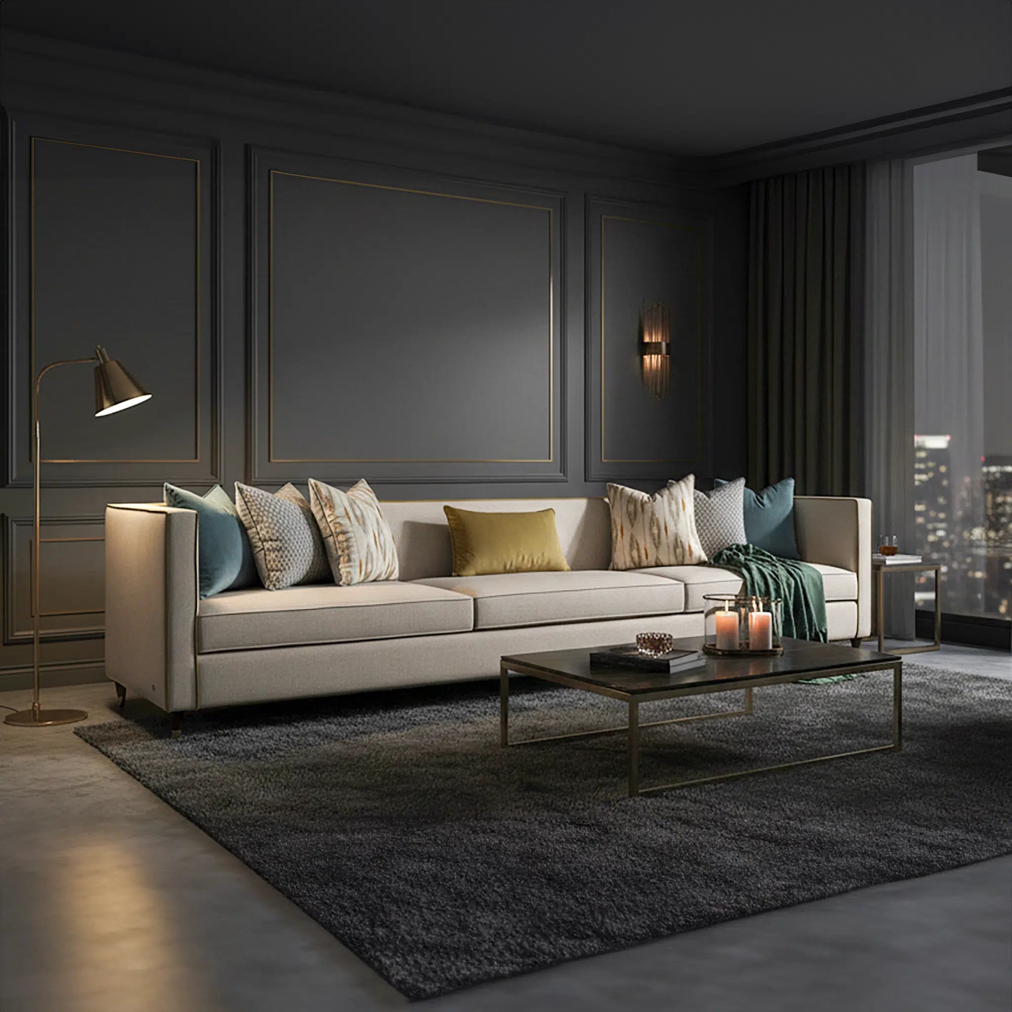 Modern living room with a beige sofa, decorative pillows, and a coffee table.