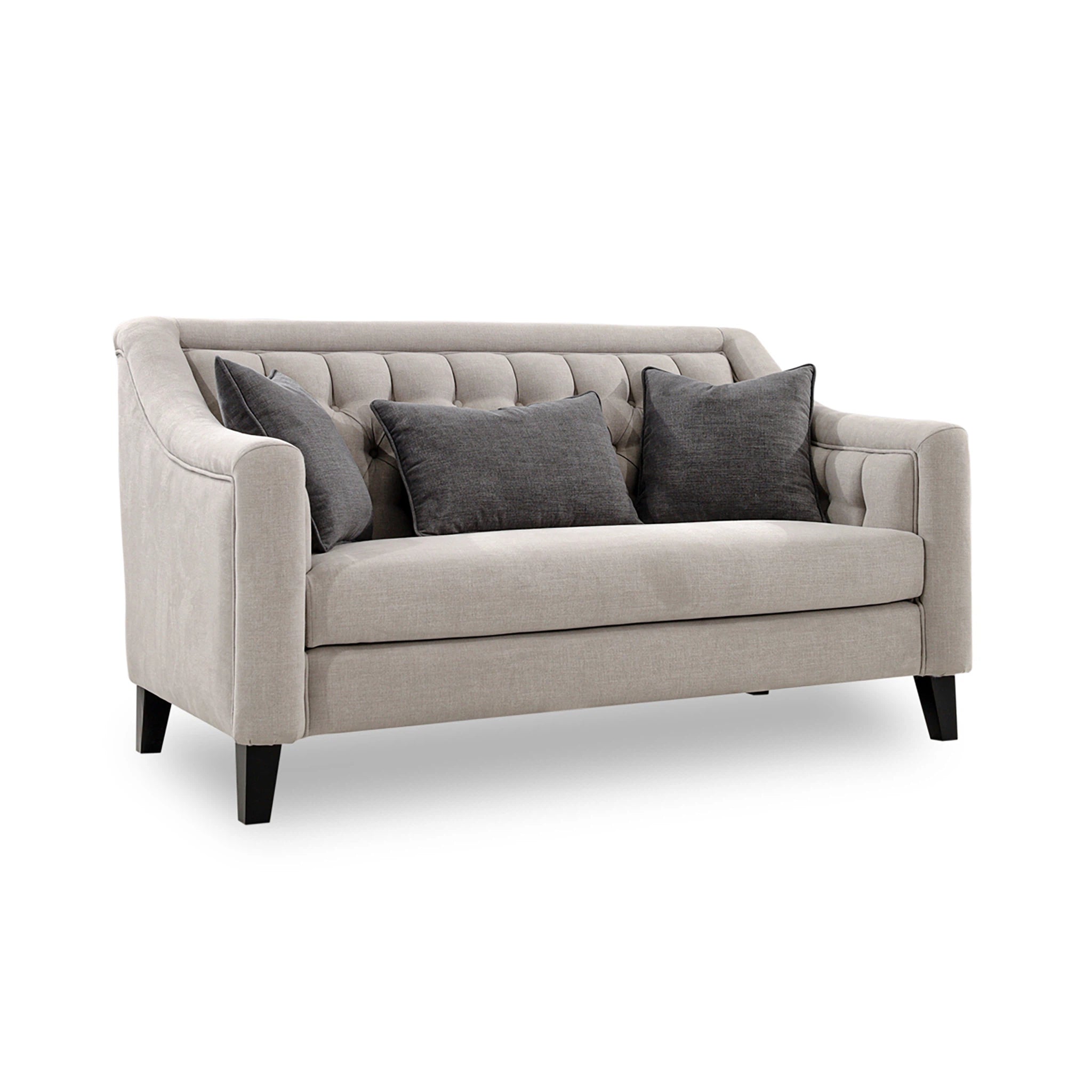 Beige sofa with gray cushions on a white background