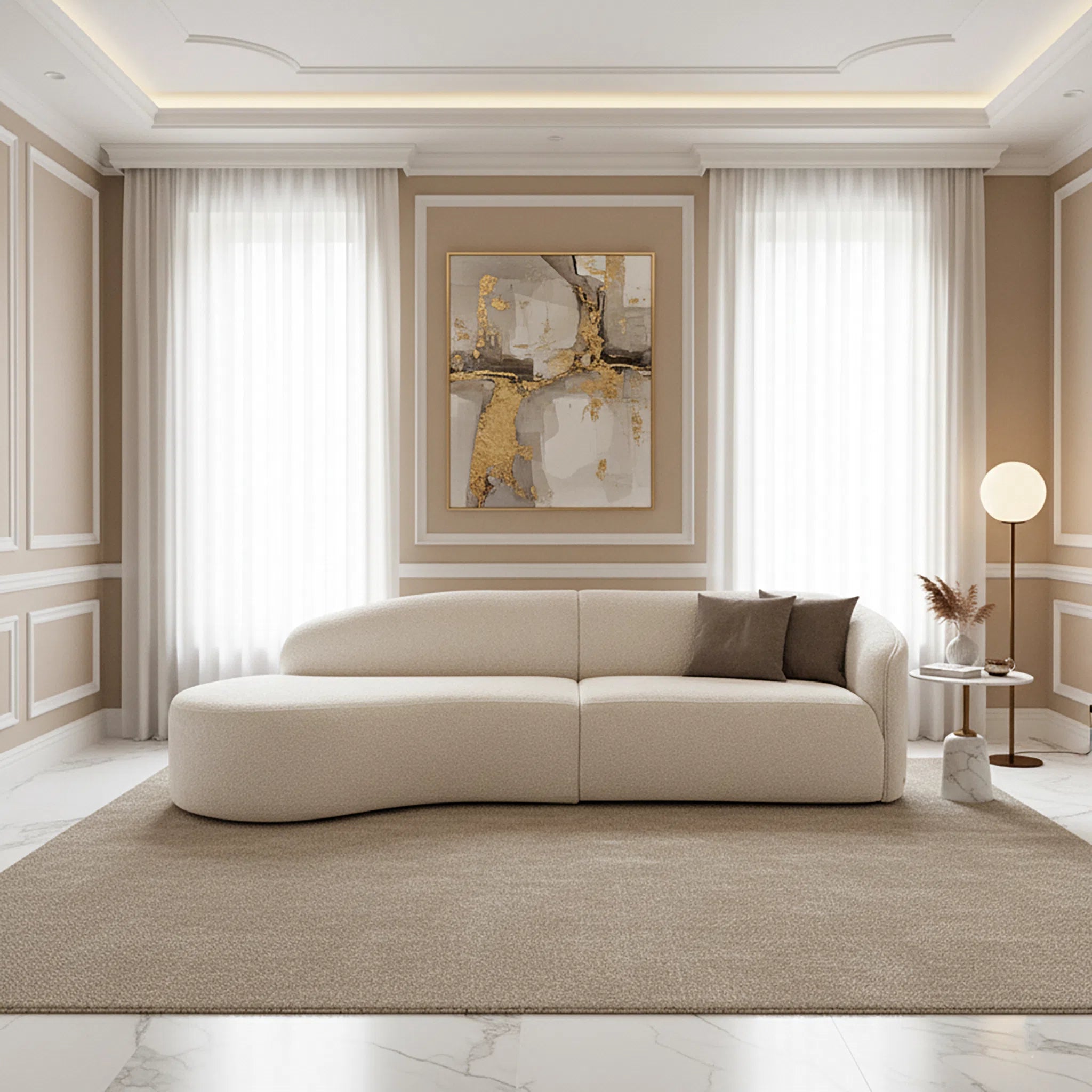 Modern living room with a beige sofa, abstract painting, and decorative elements.