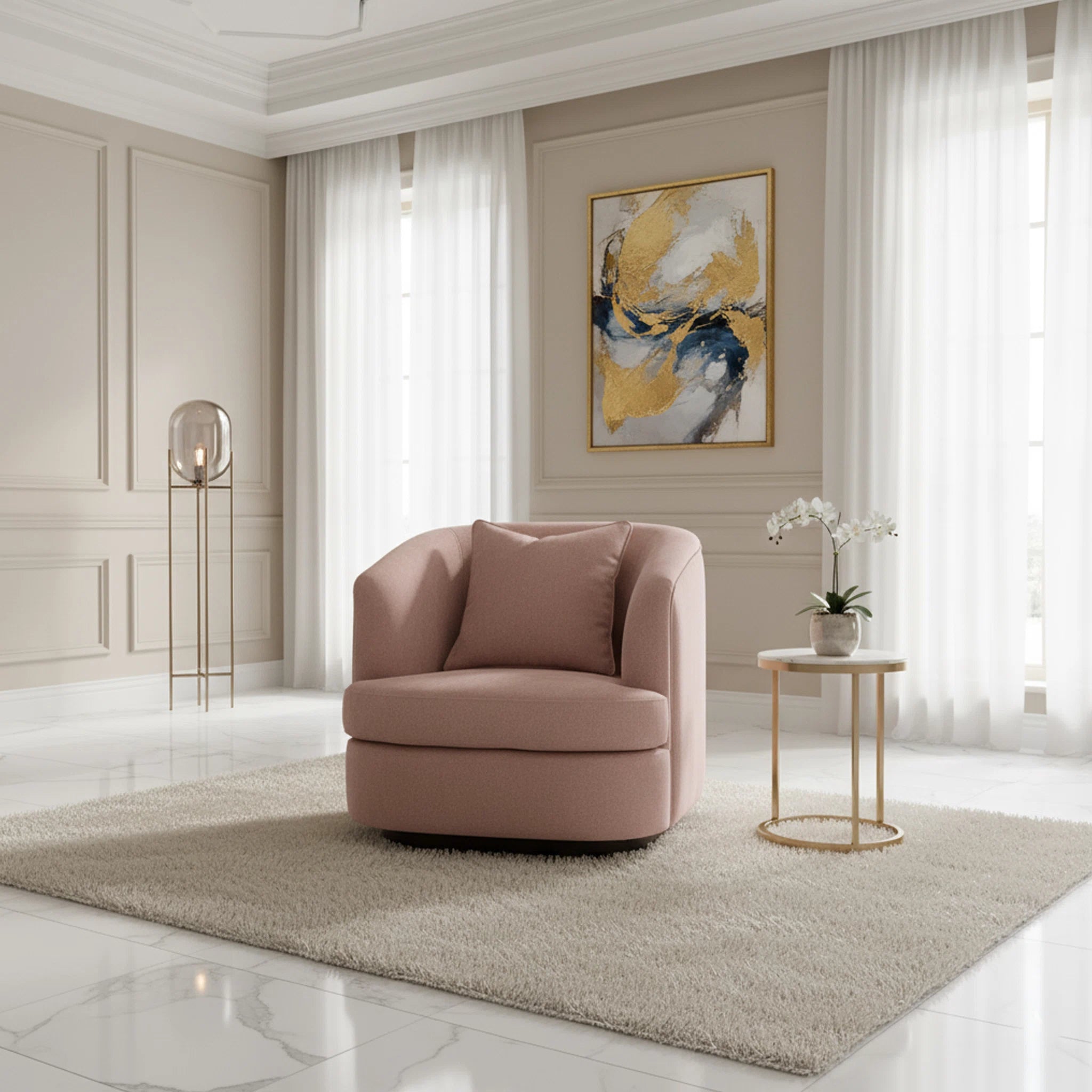 Pink armchair in a stylish living room with abstract art and decor.