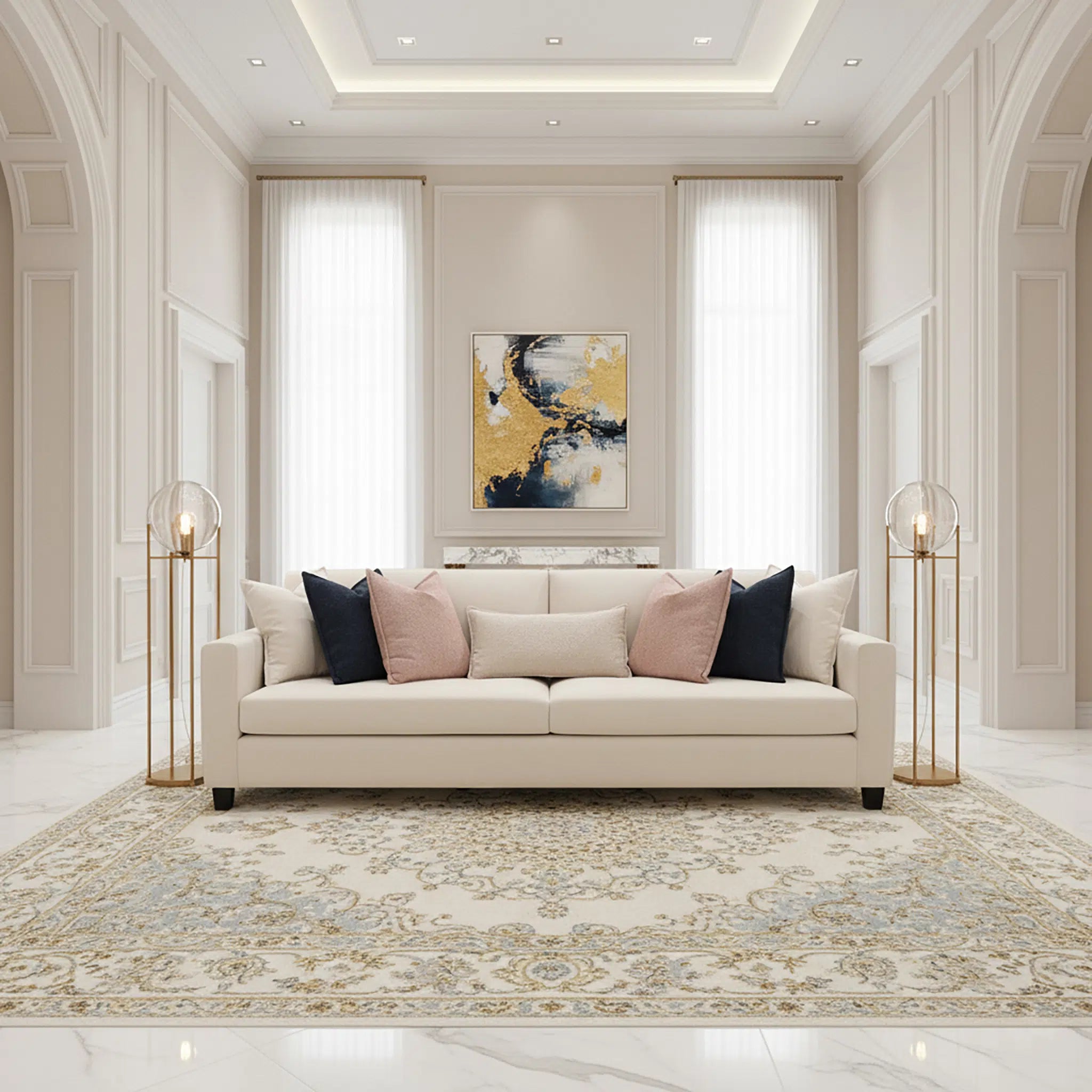 Living room with a beige sofa, decorative pillows, and abstract art on the wall.