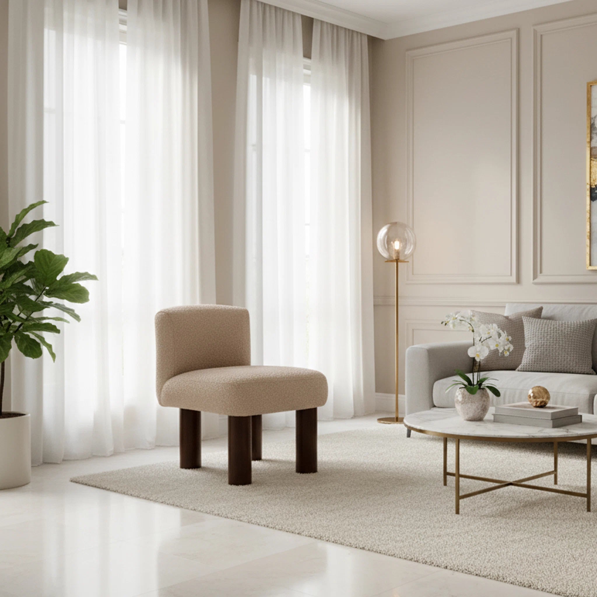 Modern living room with beige chair, gray sofa, and coffee table.