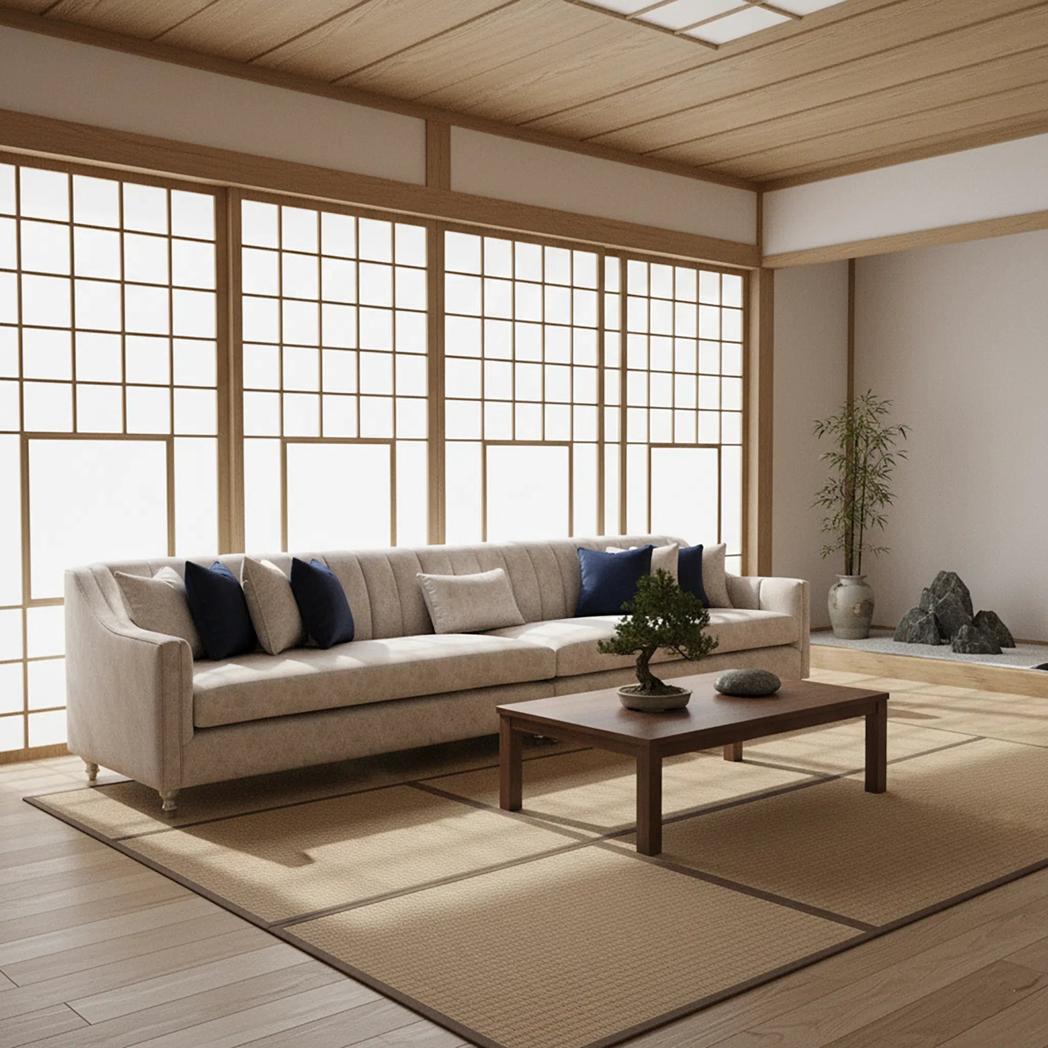Modern living room with a beige sofa, wooden coffee table, and large windows.