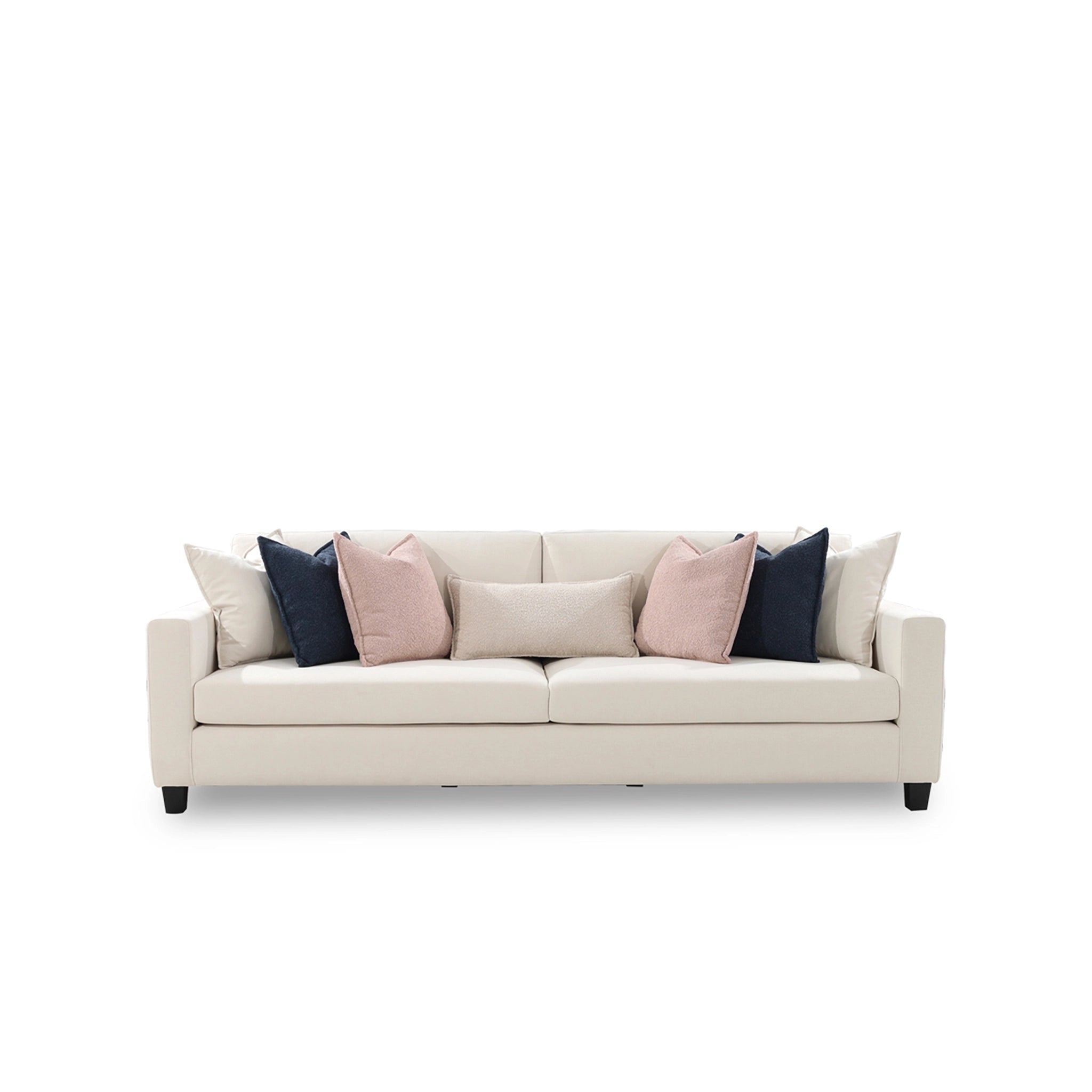 Beige sofa with pink and blue cushions on a white background